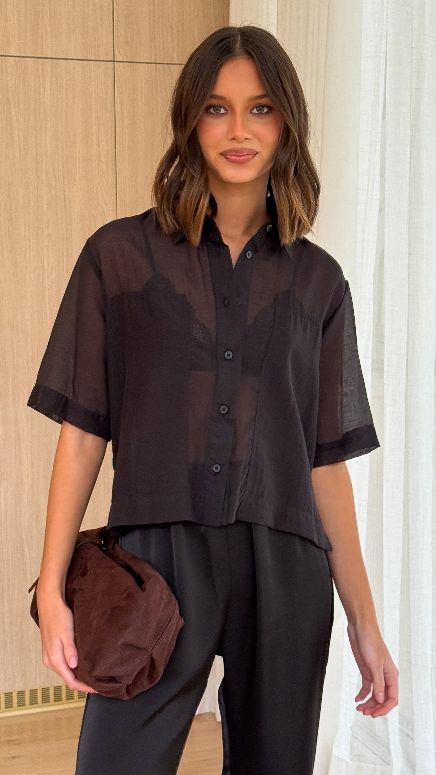 Deanna Sheer Button Up Shirt - Black - Billy J