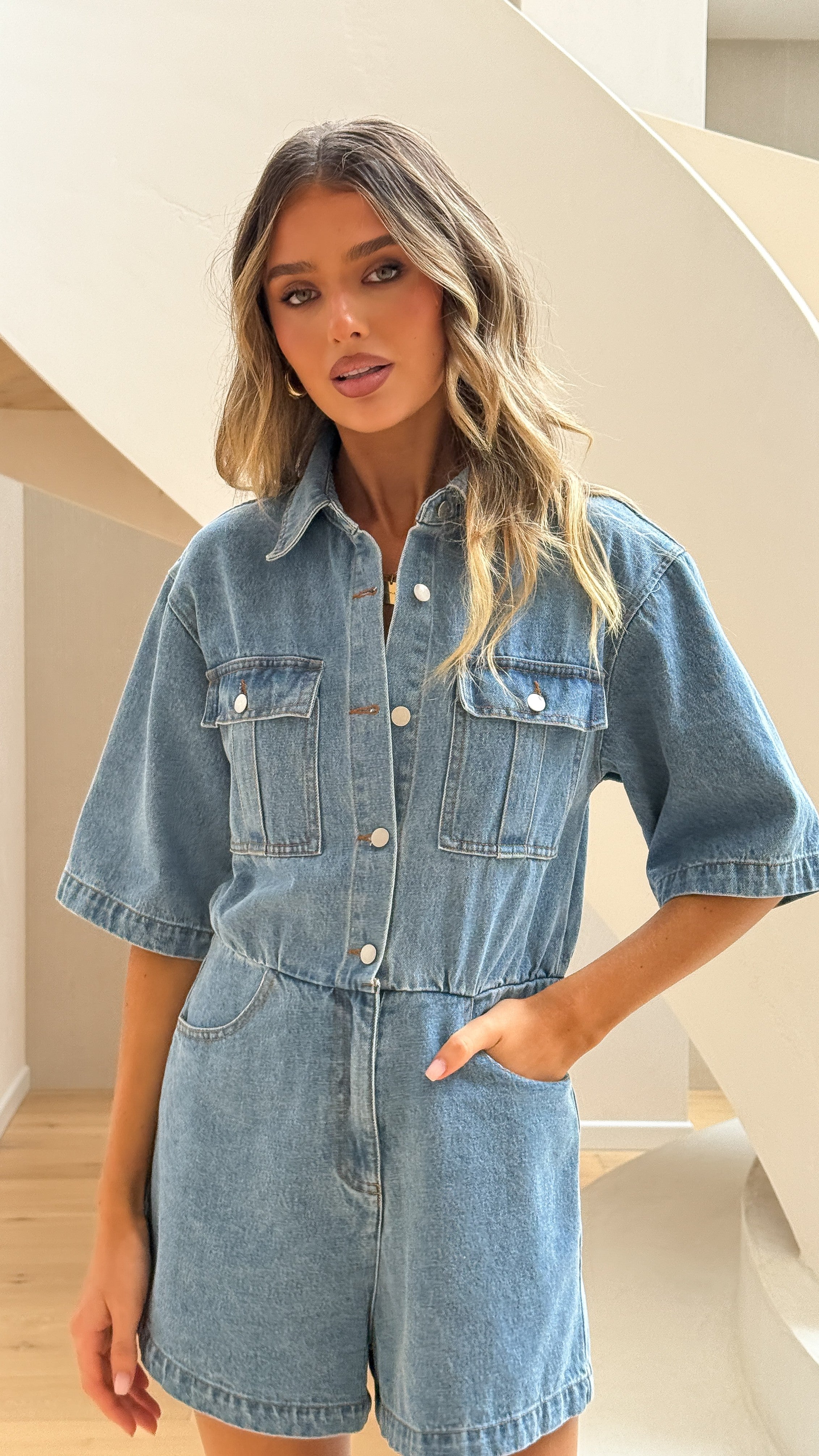 Rayla Denim Playsuit - Mid Blue - Billy J