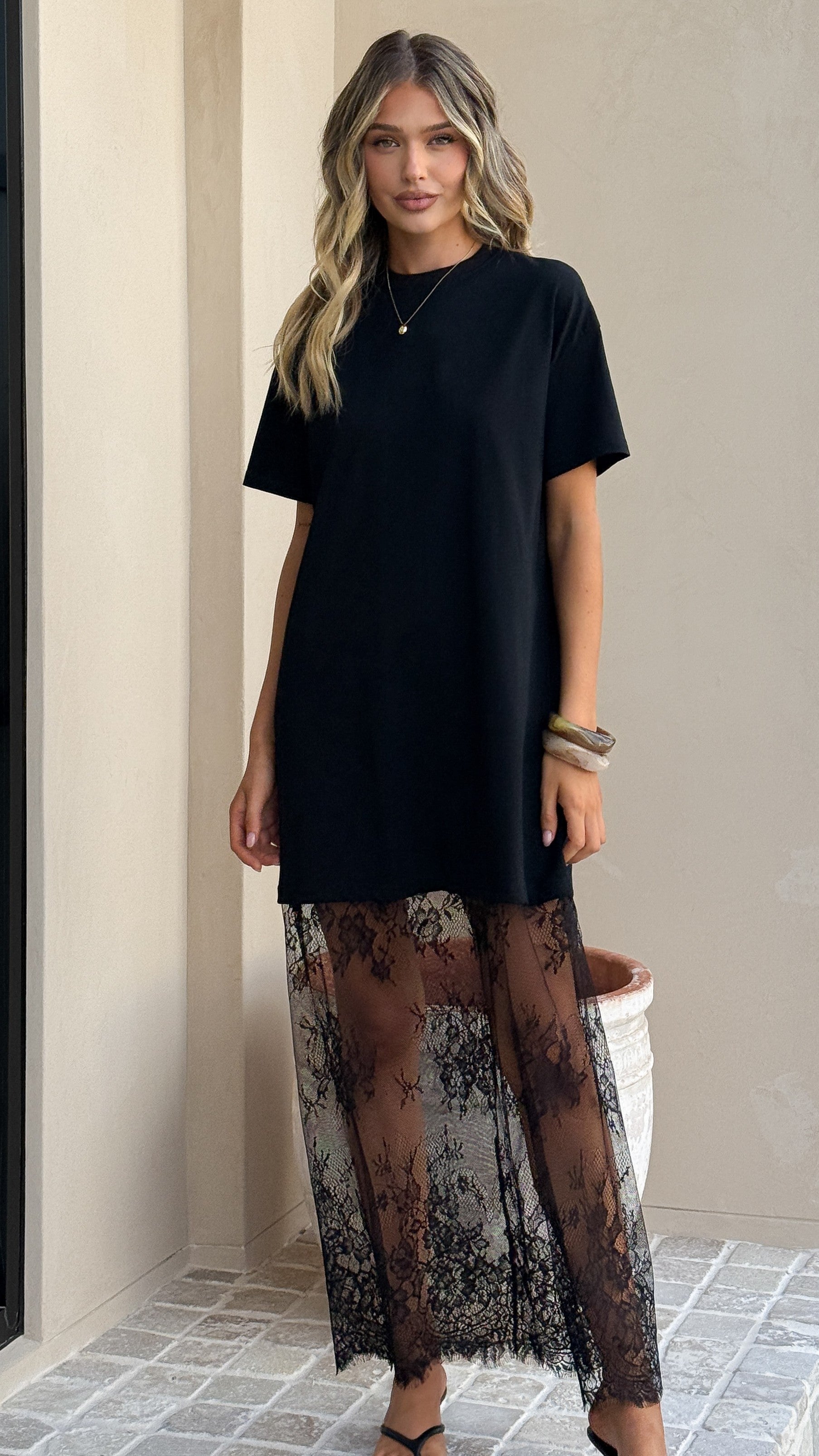 Adora T-Shirt Maxi Dress - Black Lace - Billy J