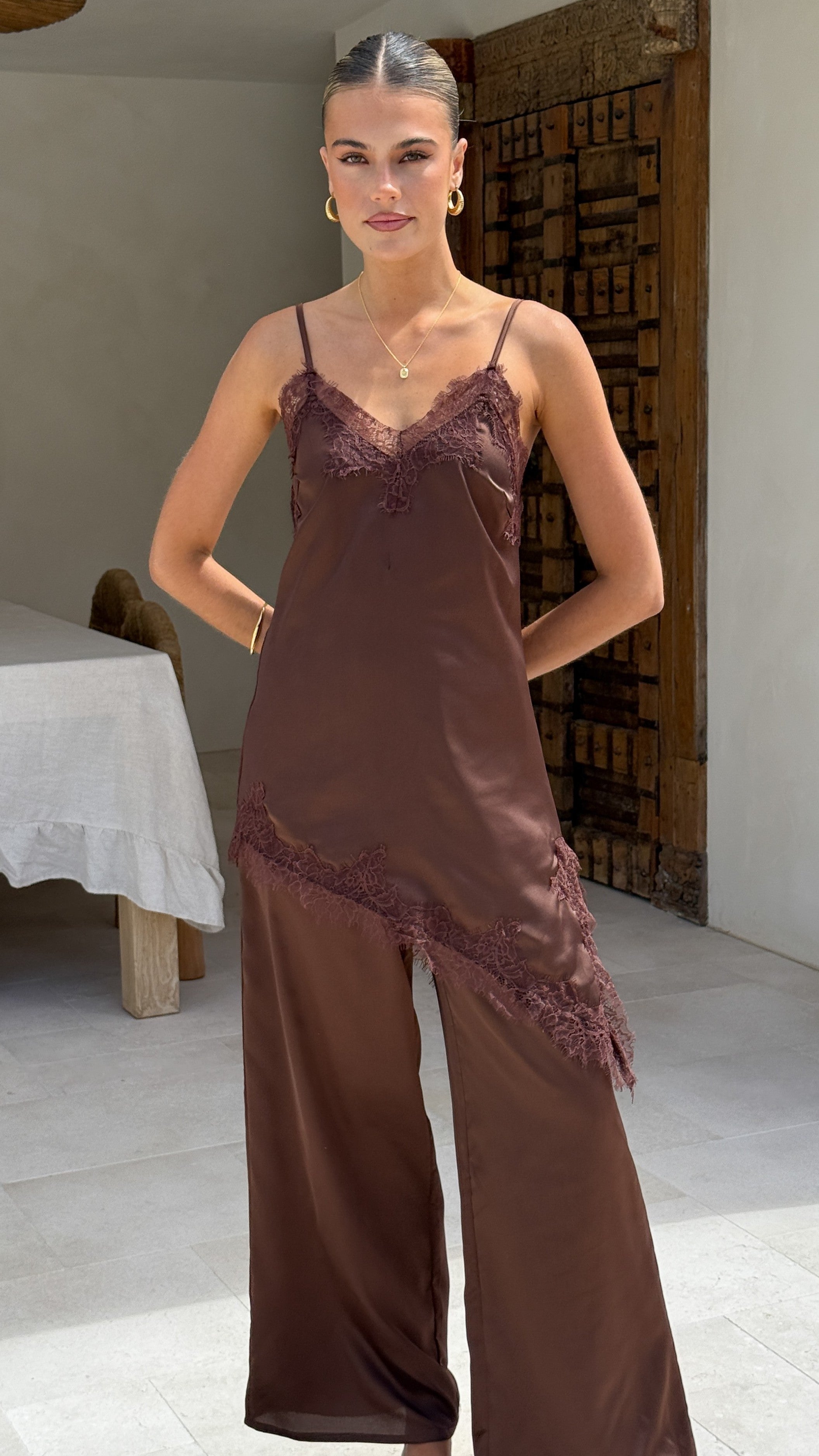 Hayleigh Asymmetrical Top and Pants Set - Chocolate/Lace - Billy J