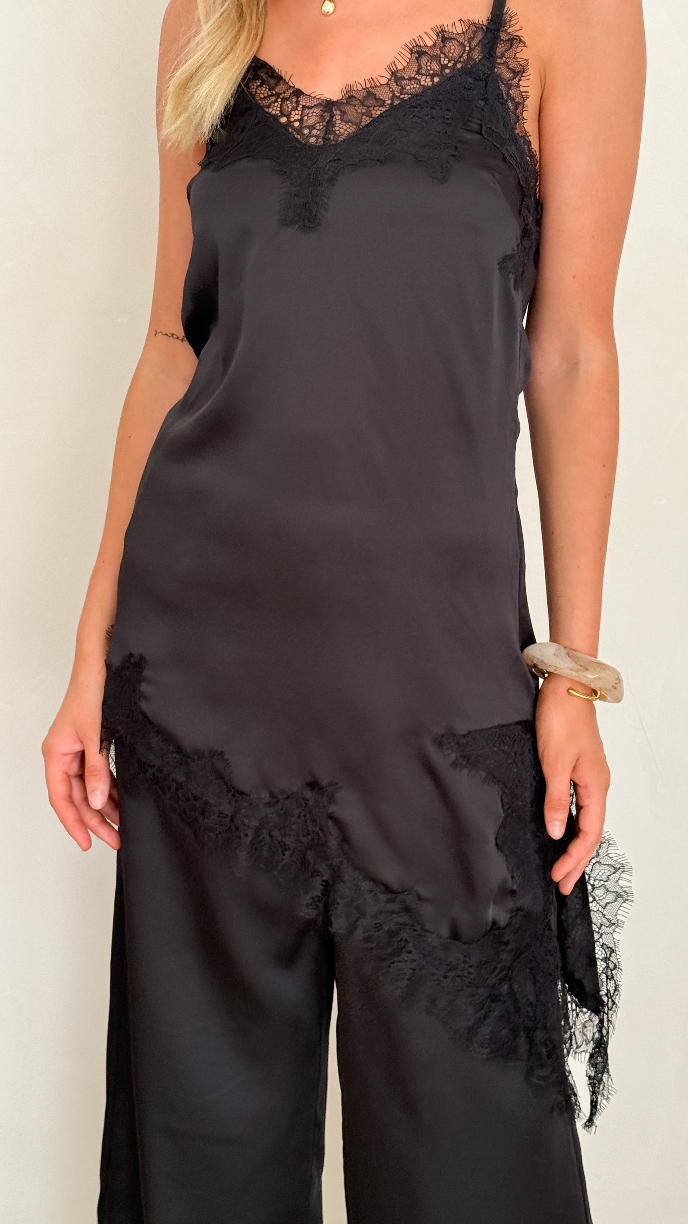 Hayleigh Asymmetrical Top and Pants Set - Black/Lace - Billy J