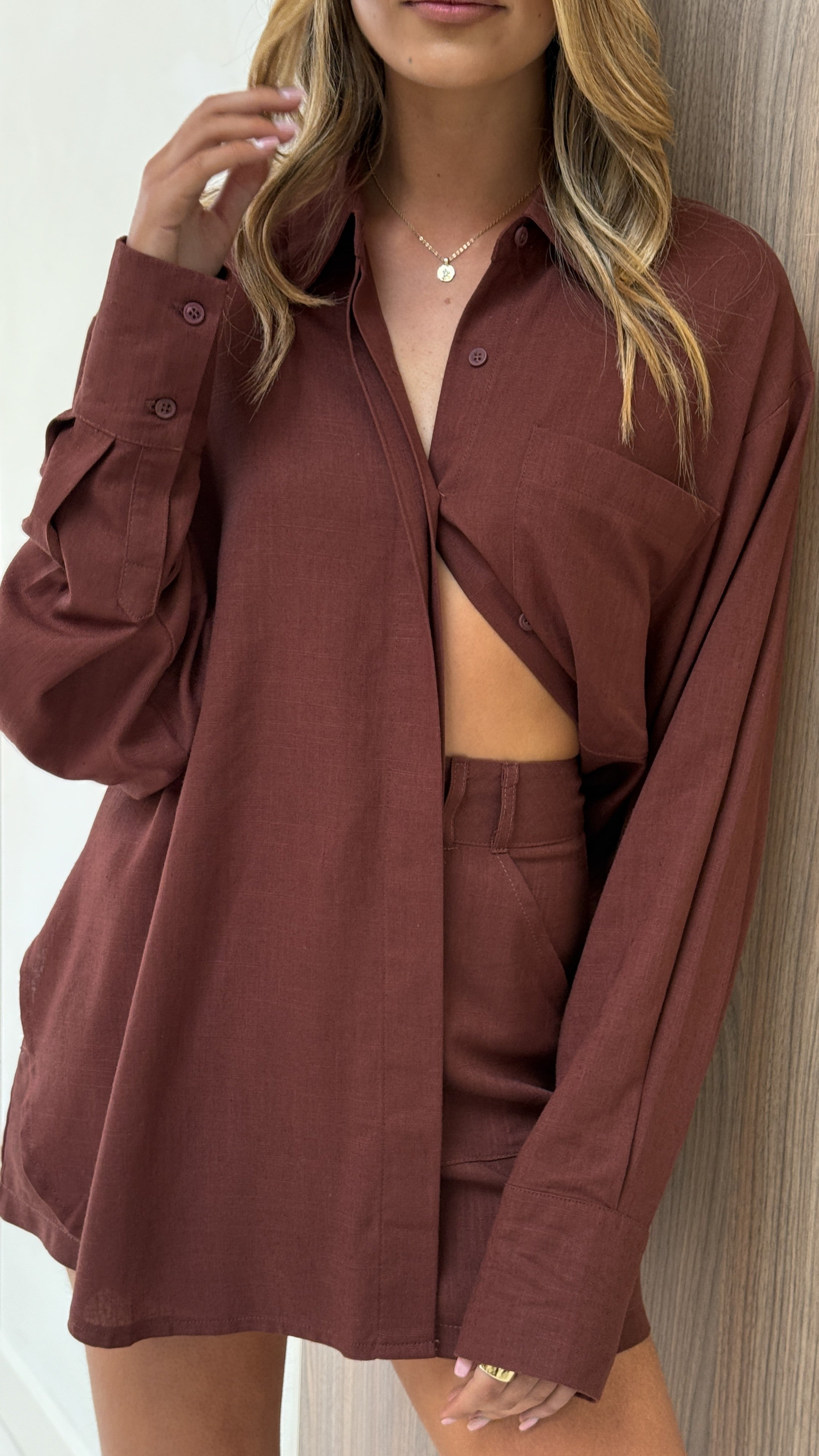 Charla Button Up Top - Brown - Billy J