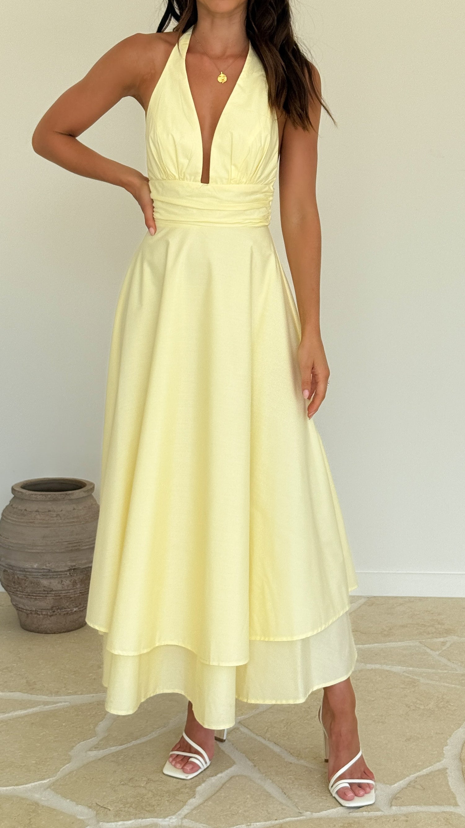 Kathy Halter Neck Maxi Dress - Lemon - Billy J