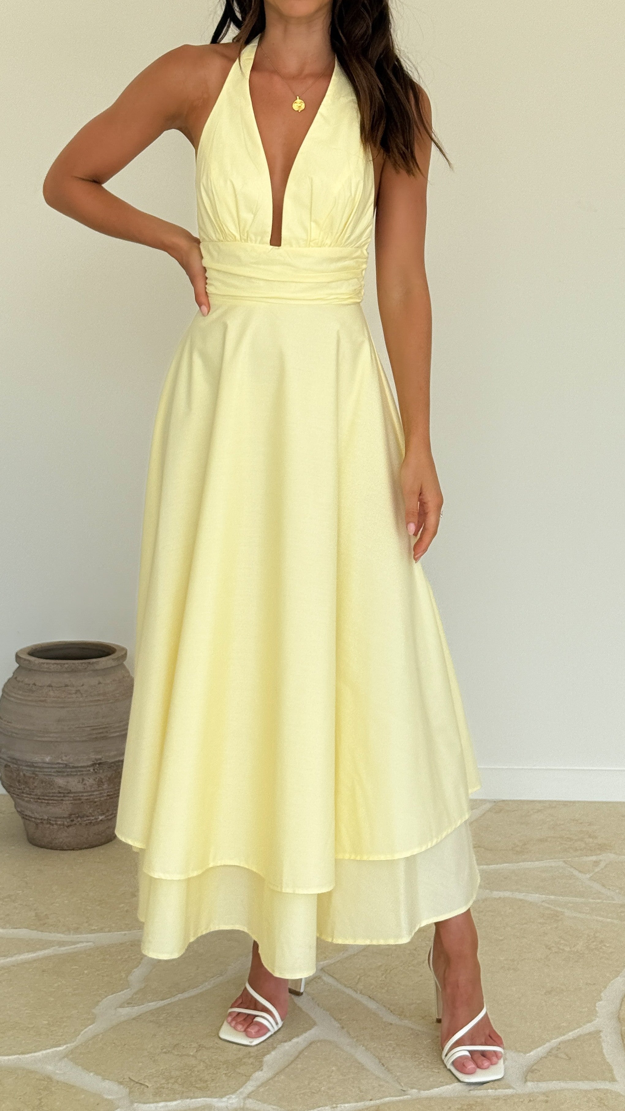 Kathy Halter Neck Maxi Dress - Lemon - Billy J