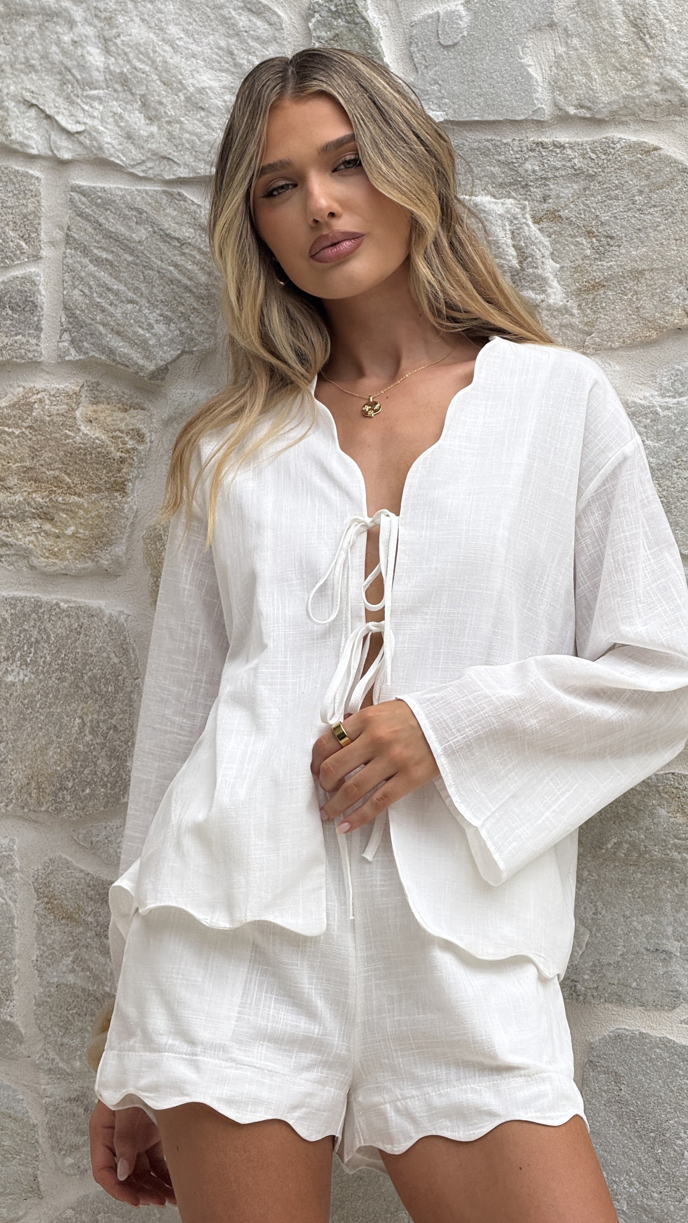 Leelo Tie Front Top and Shorts Set - White - Billy J