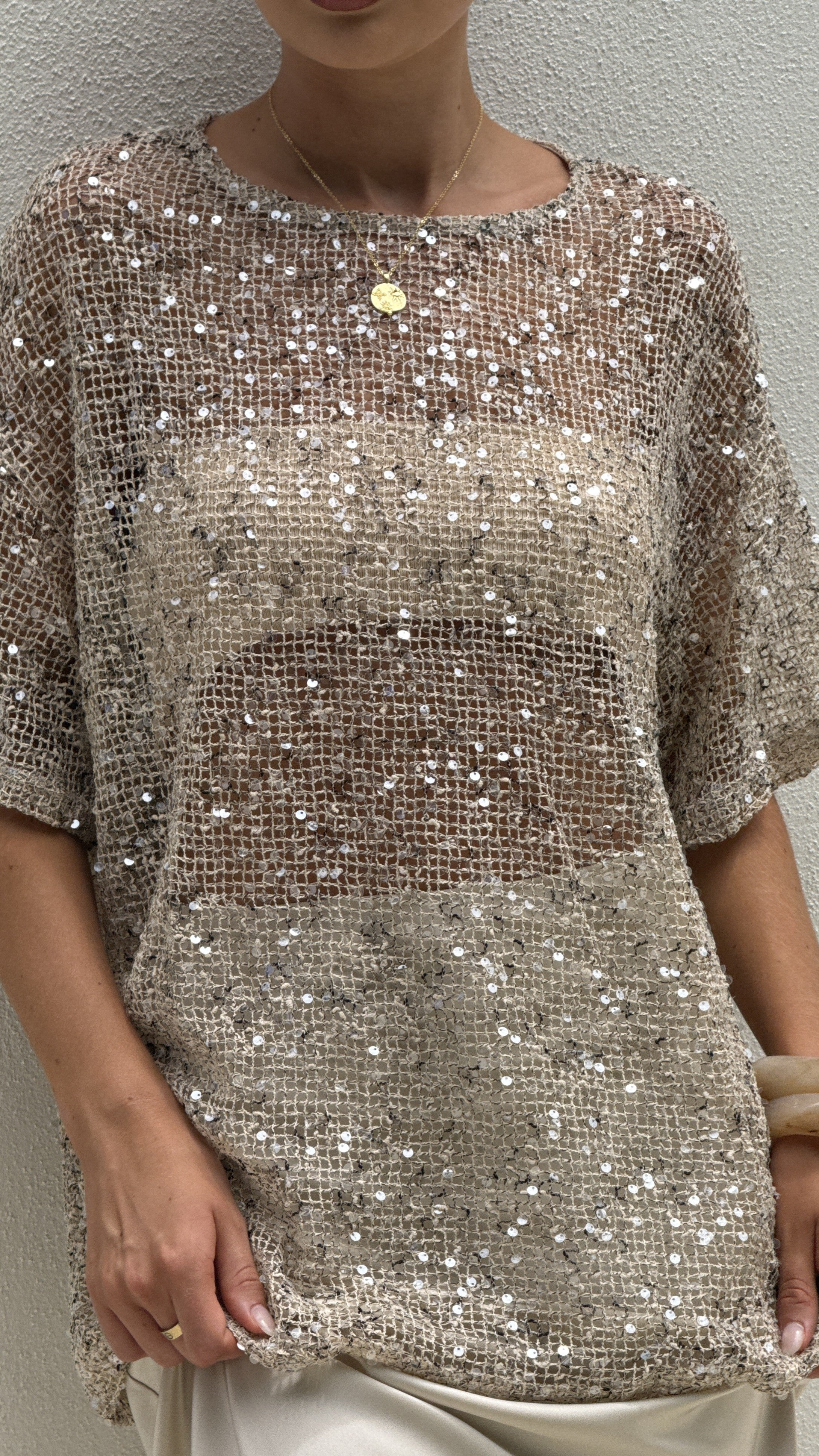 Zinnia Oversized Sequins Tee - Beige - Billy J