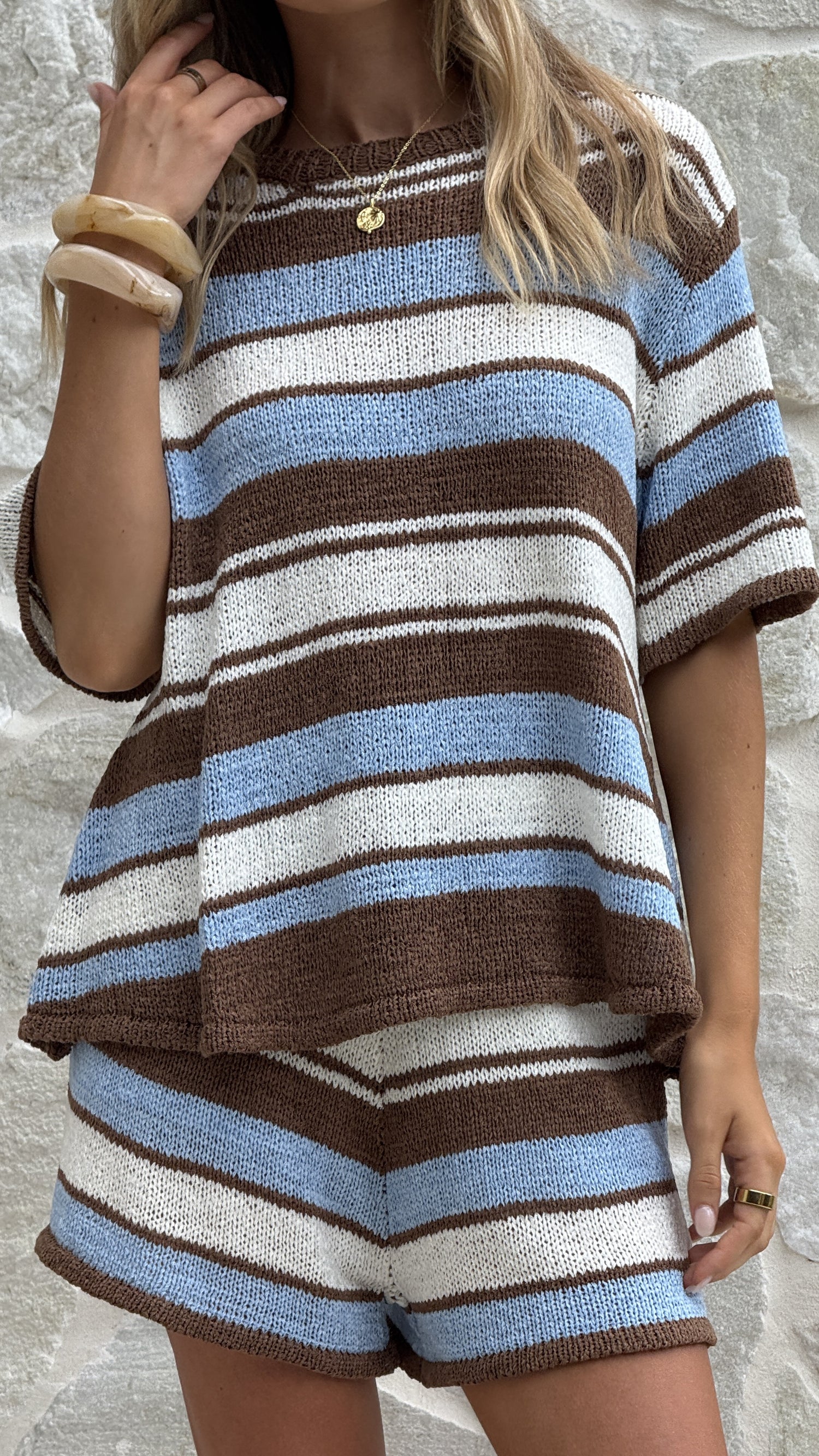 Makai Knitted T-Shirt and Shorts Set - Blue/Chocolate Stripe - Billy J