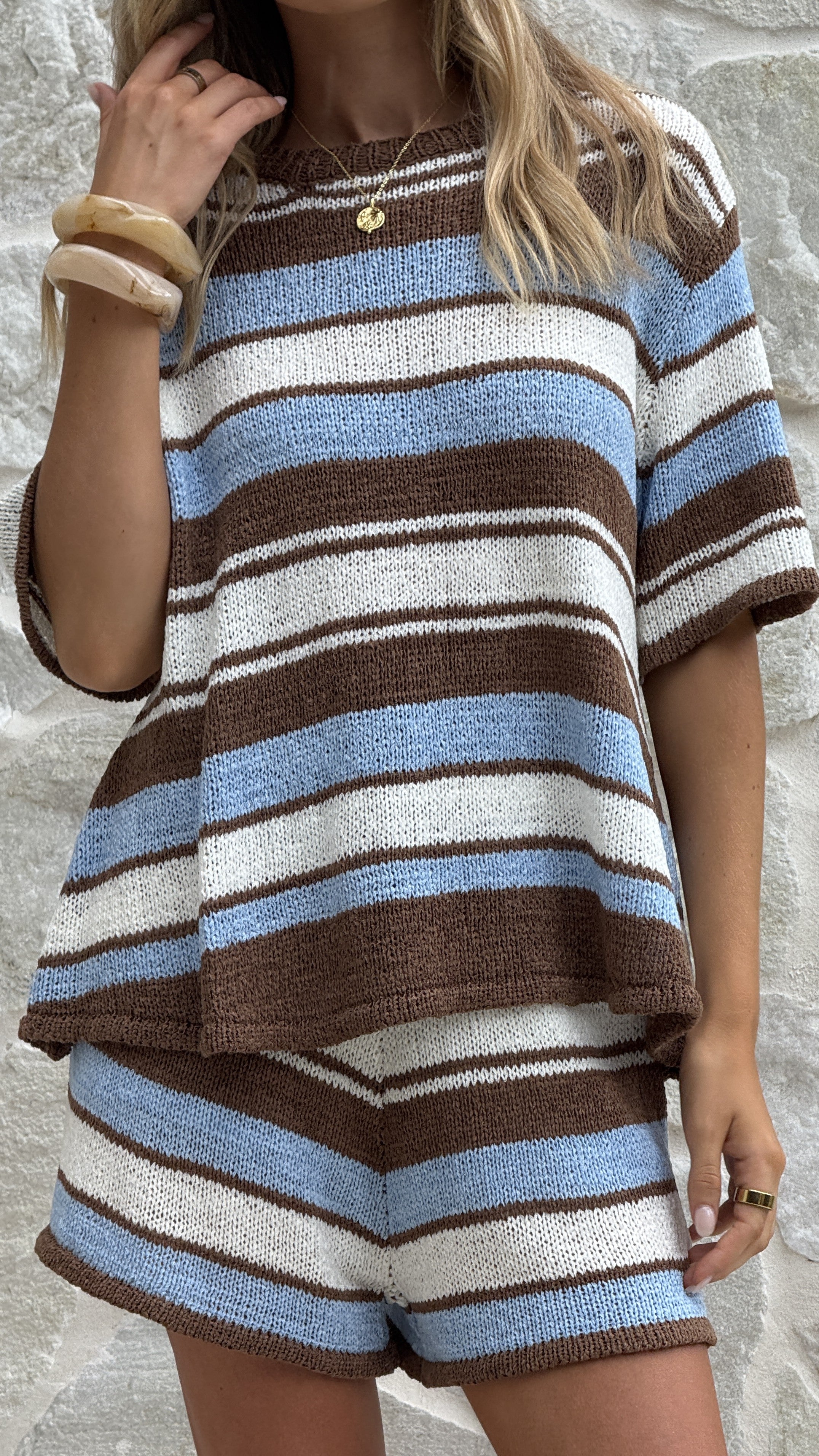 Makai Knitted T-Shirt and Shorts Set - Blue/Chocolate Stripe - Billy J