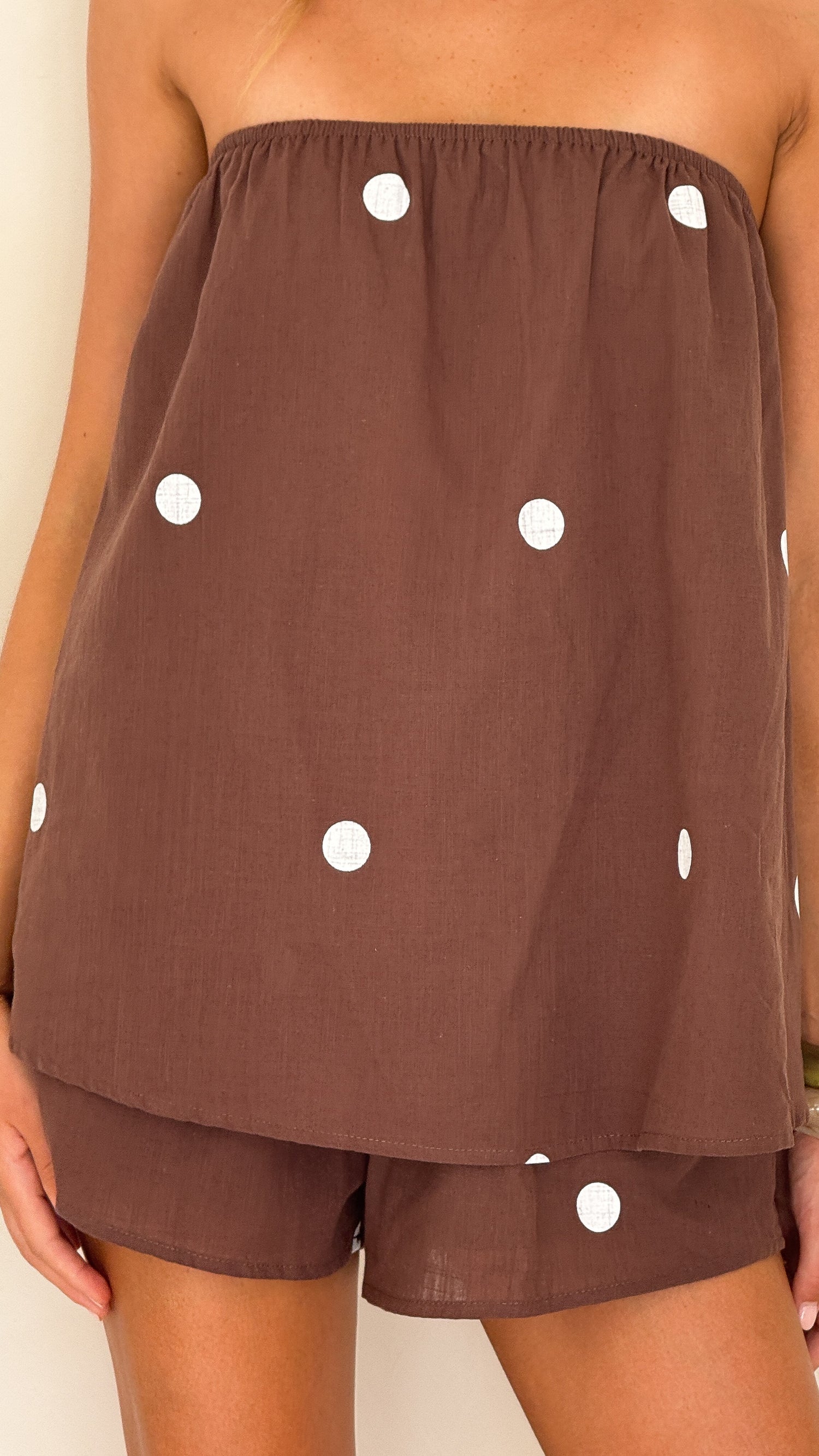 Calliope Strapless Top and Shorts Set - Brown/White Polka - Billy J