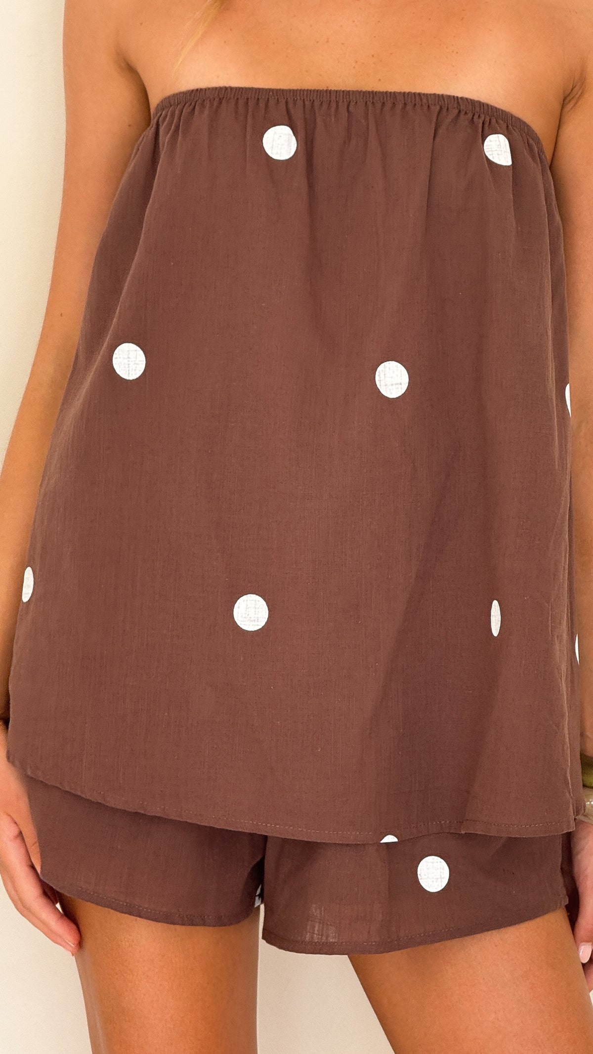 Calliope Strapless Top and Shorts Set - Brown/White Polka - Billy J