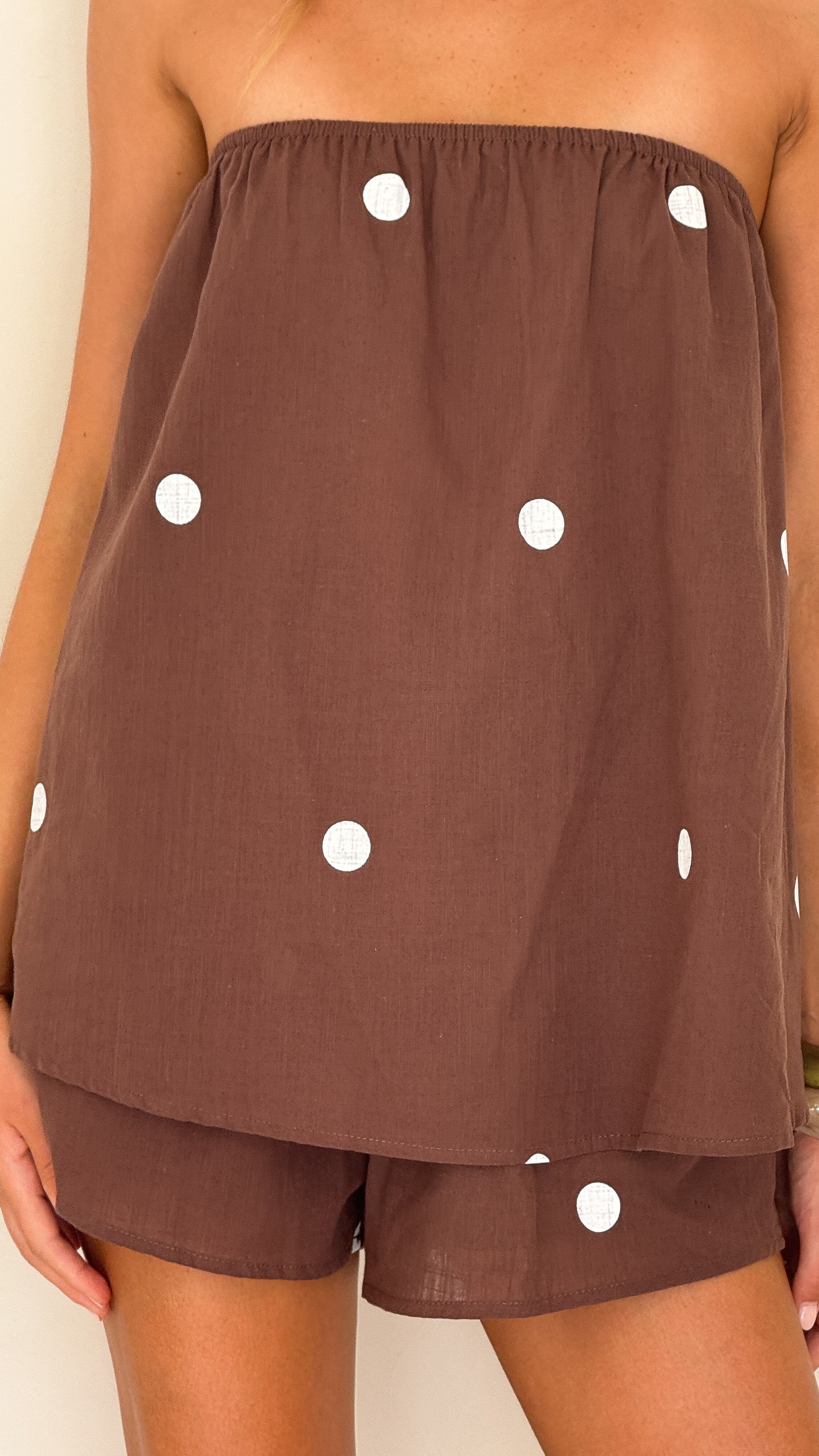 Calliope Strapless Top and Shorts Set - Brown/White Polka - Billy J