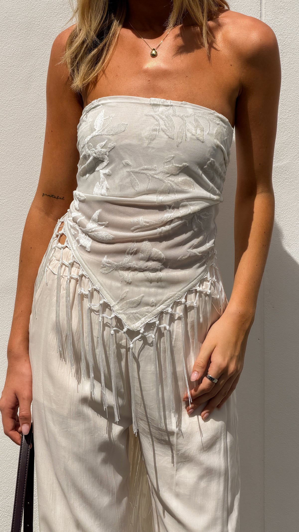 Kamara Fringe Scarf Top and Pants Set - White - Billy J