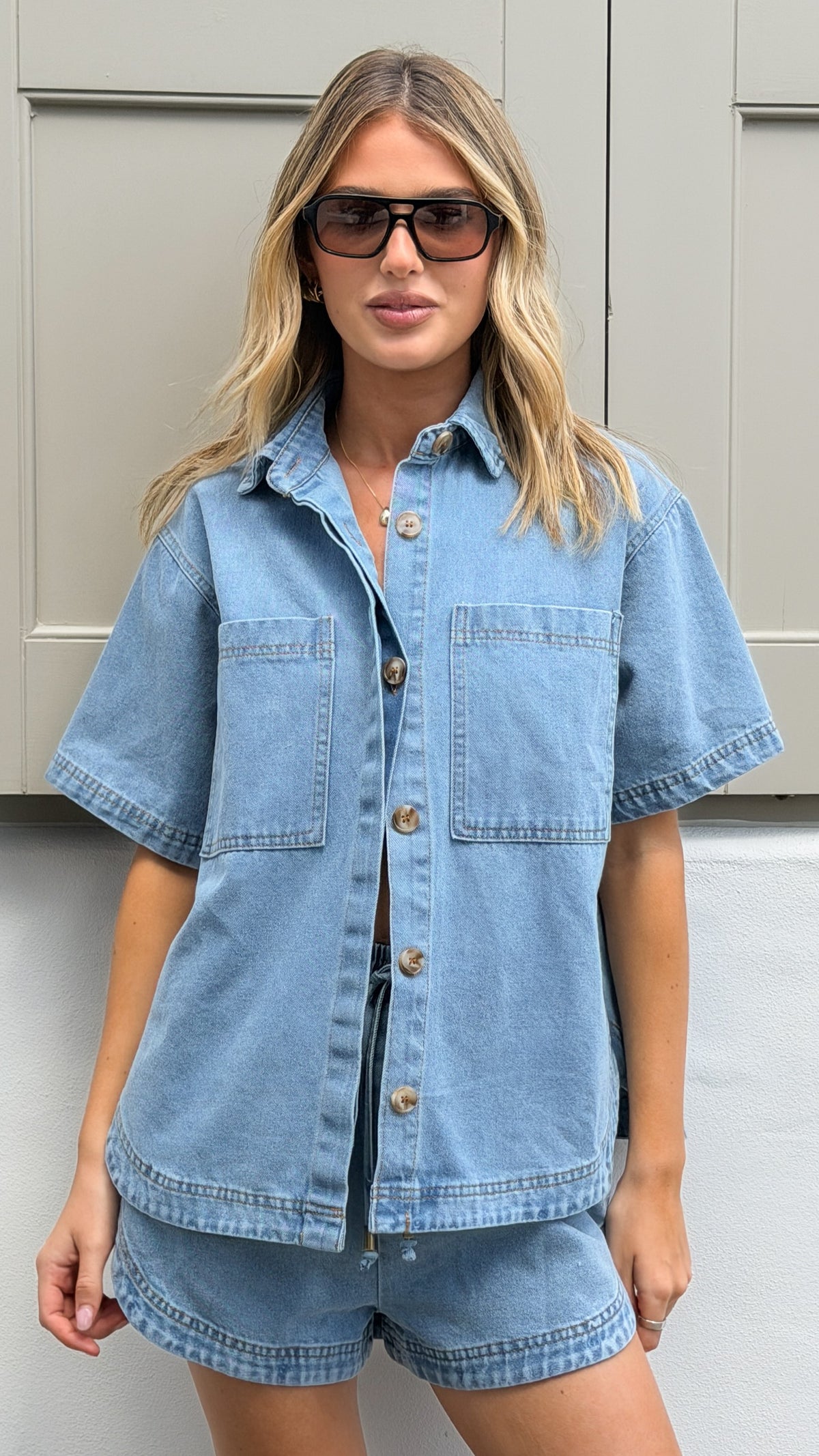 Kaleigh Button Up Shirt and Shorts Set - Mid Blue Denim - Billy J