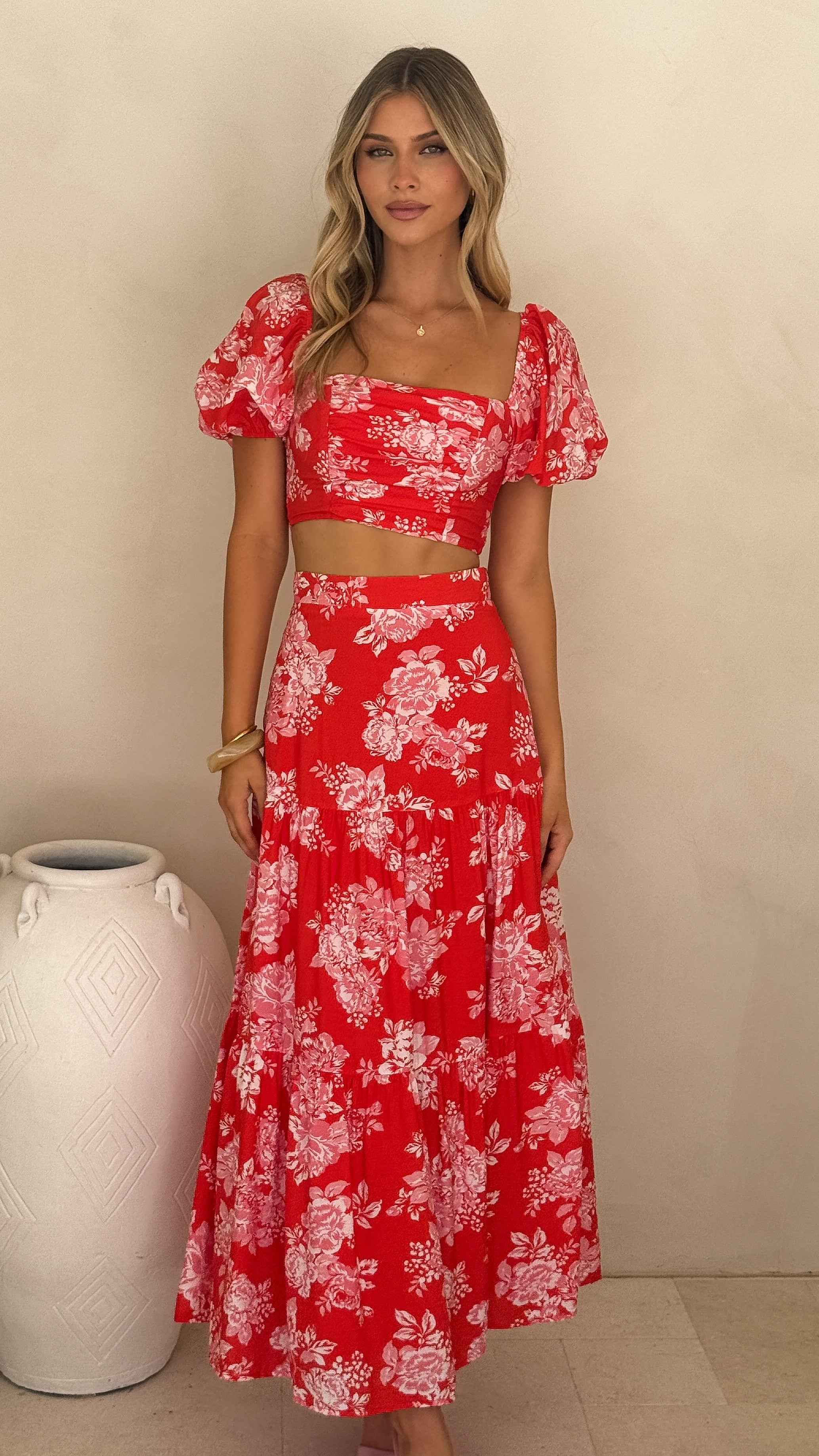 Calla Top and Maxi Skirt Set - Red Floral - Billy J