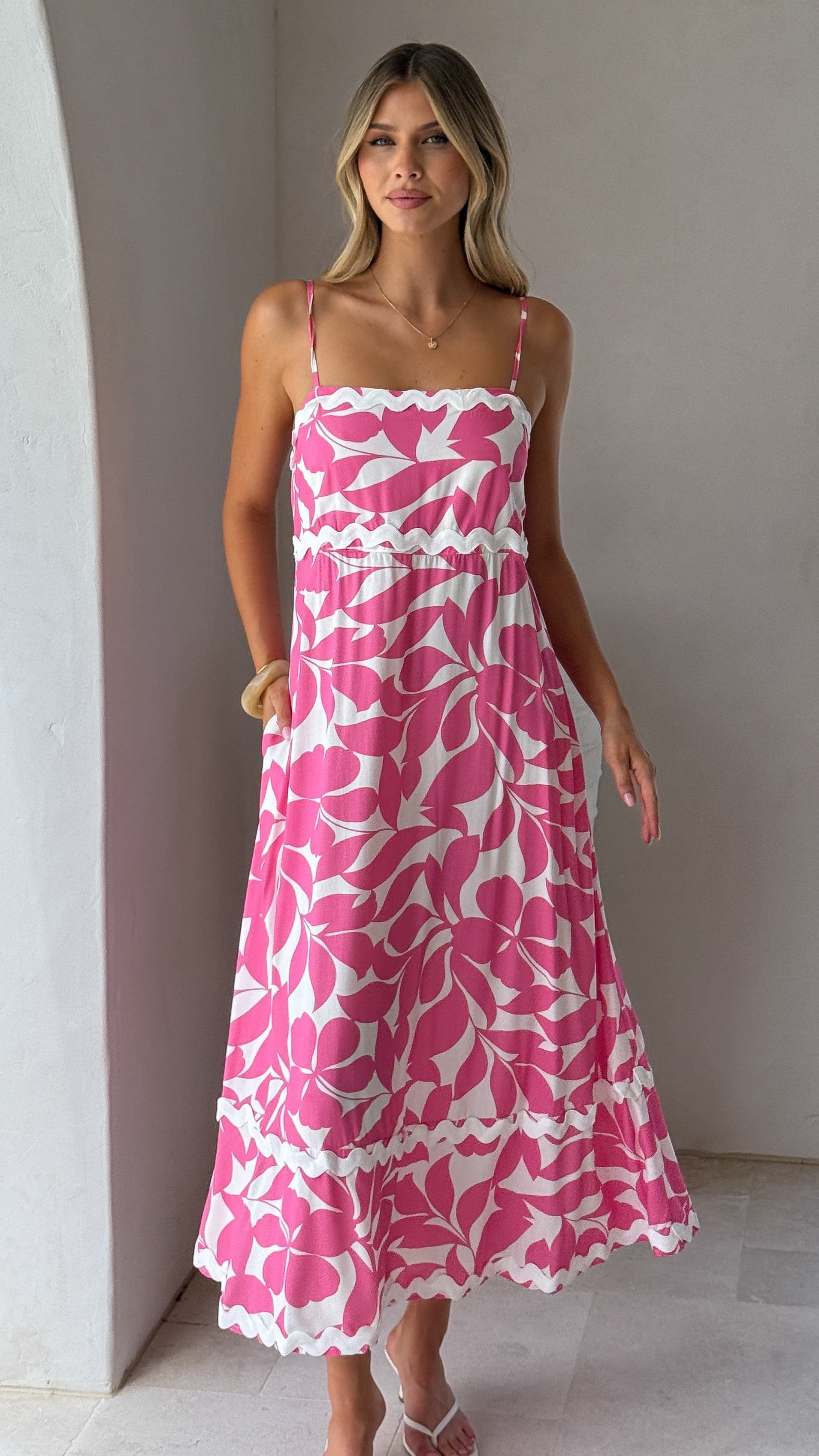 Seraphina Midi Dress - Fuchsia/White Print - Billy J
