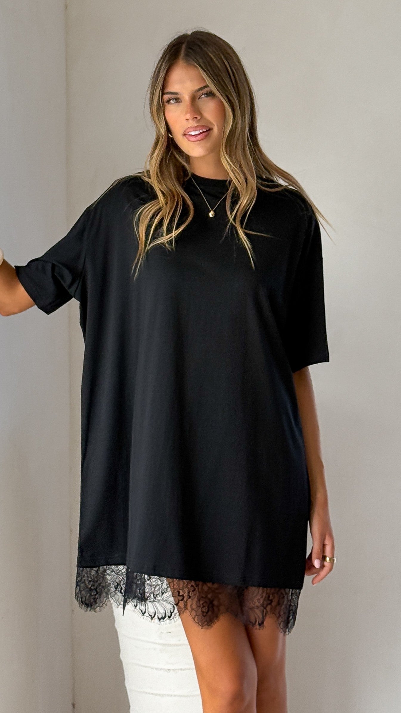Saya T Shirt Lace Mini Dress - Black - Billy J