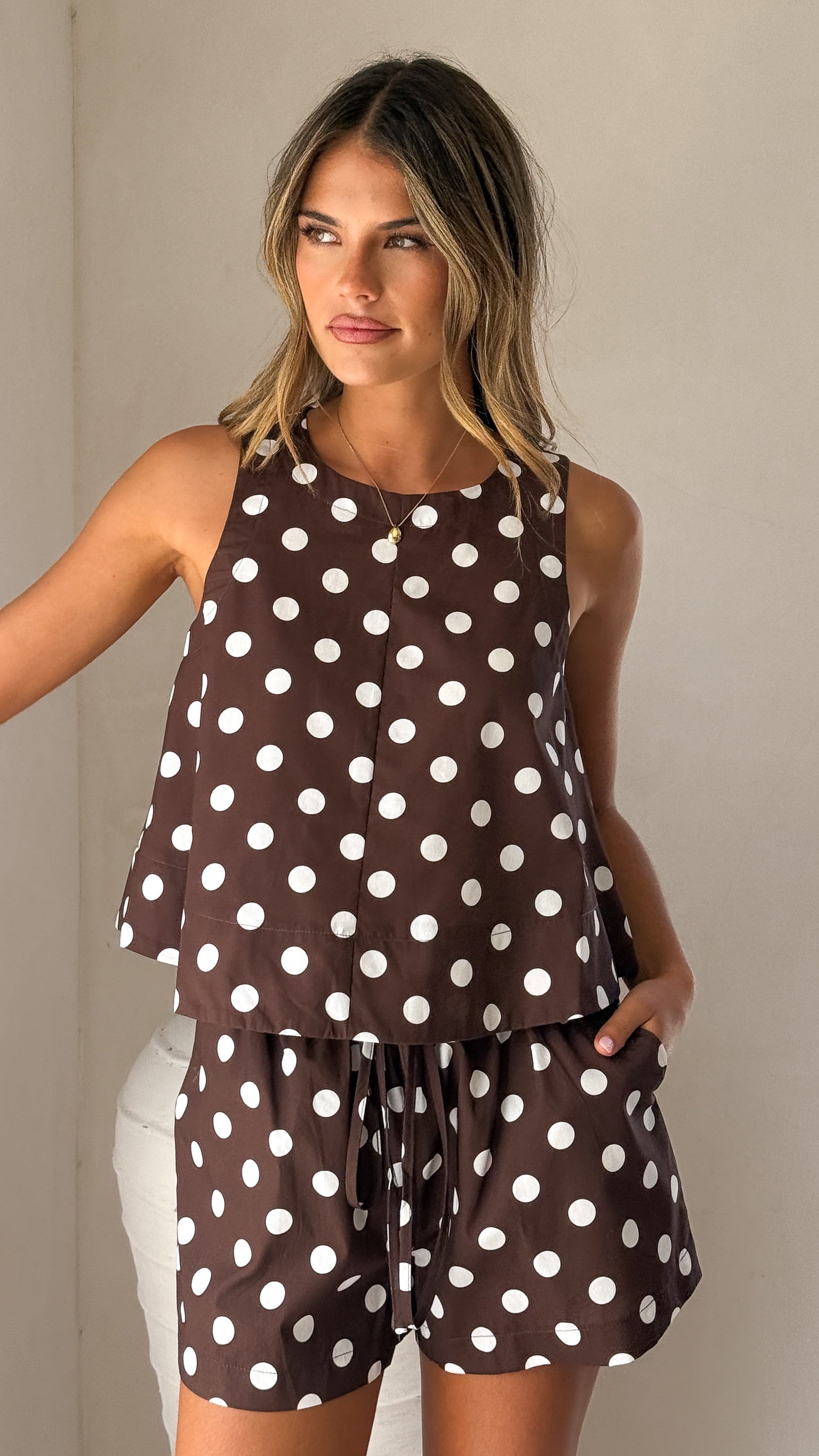 Charmain Top - Chocolate/White Polka Dot - Billy J