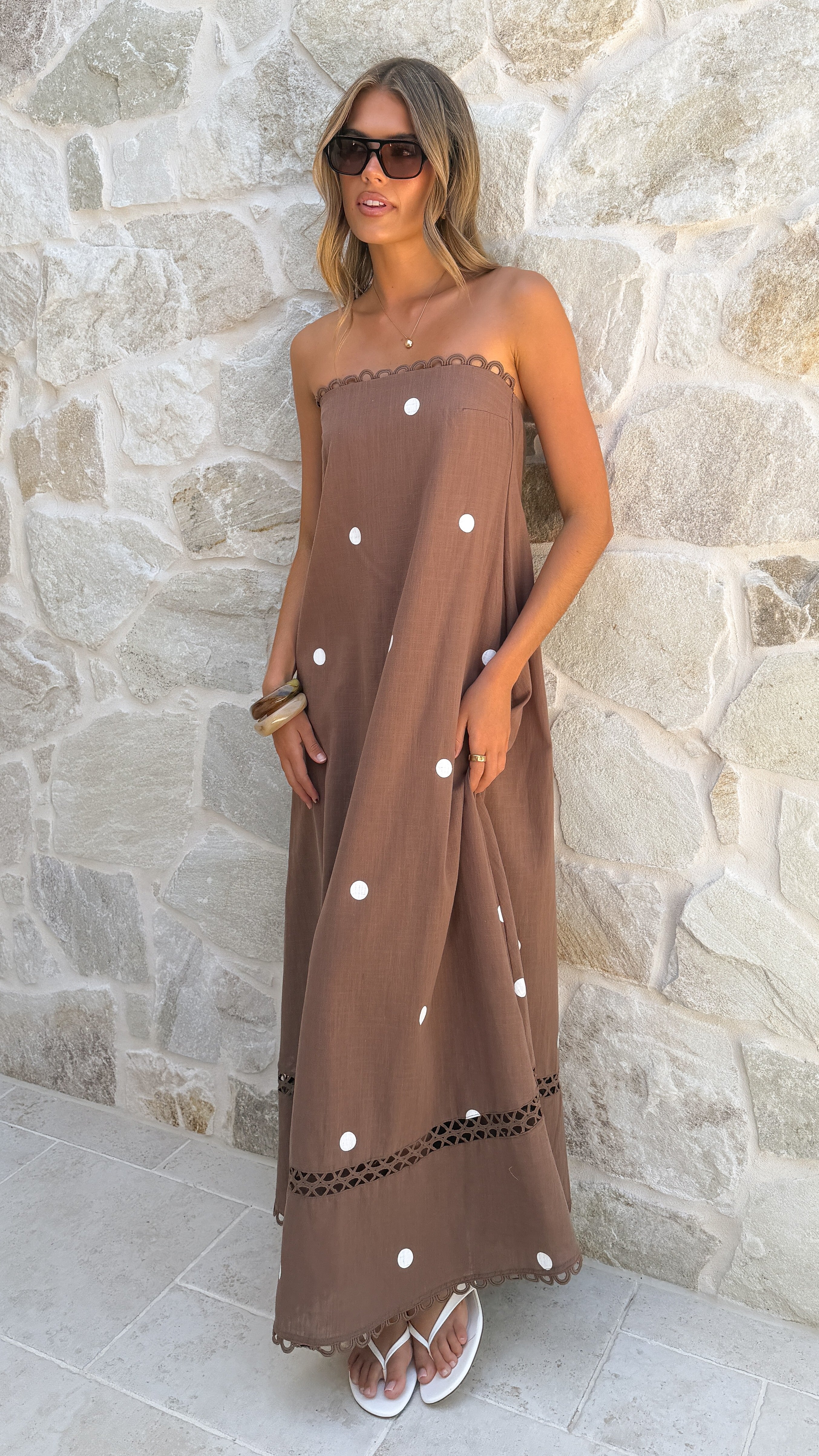 Sandra Maxi Dress - Chocolate/White Polka - Billy J