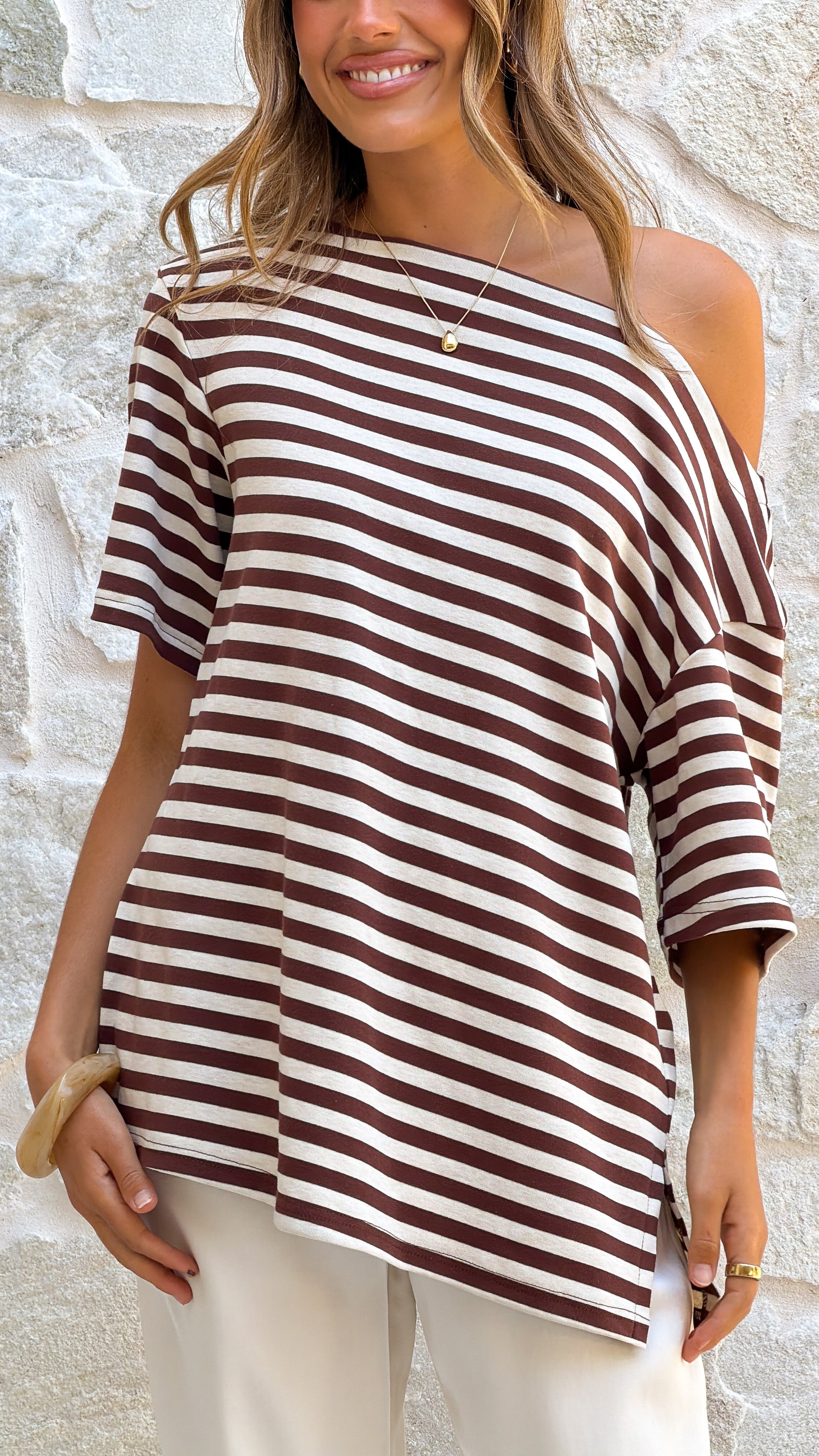 Pia One Shoulder Oversize Tee - Choc/White Stripe - Billy J