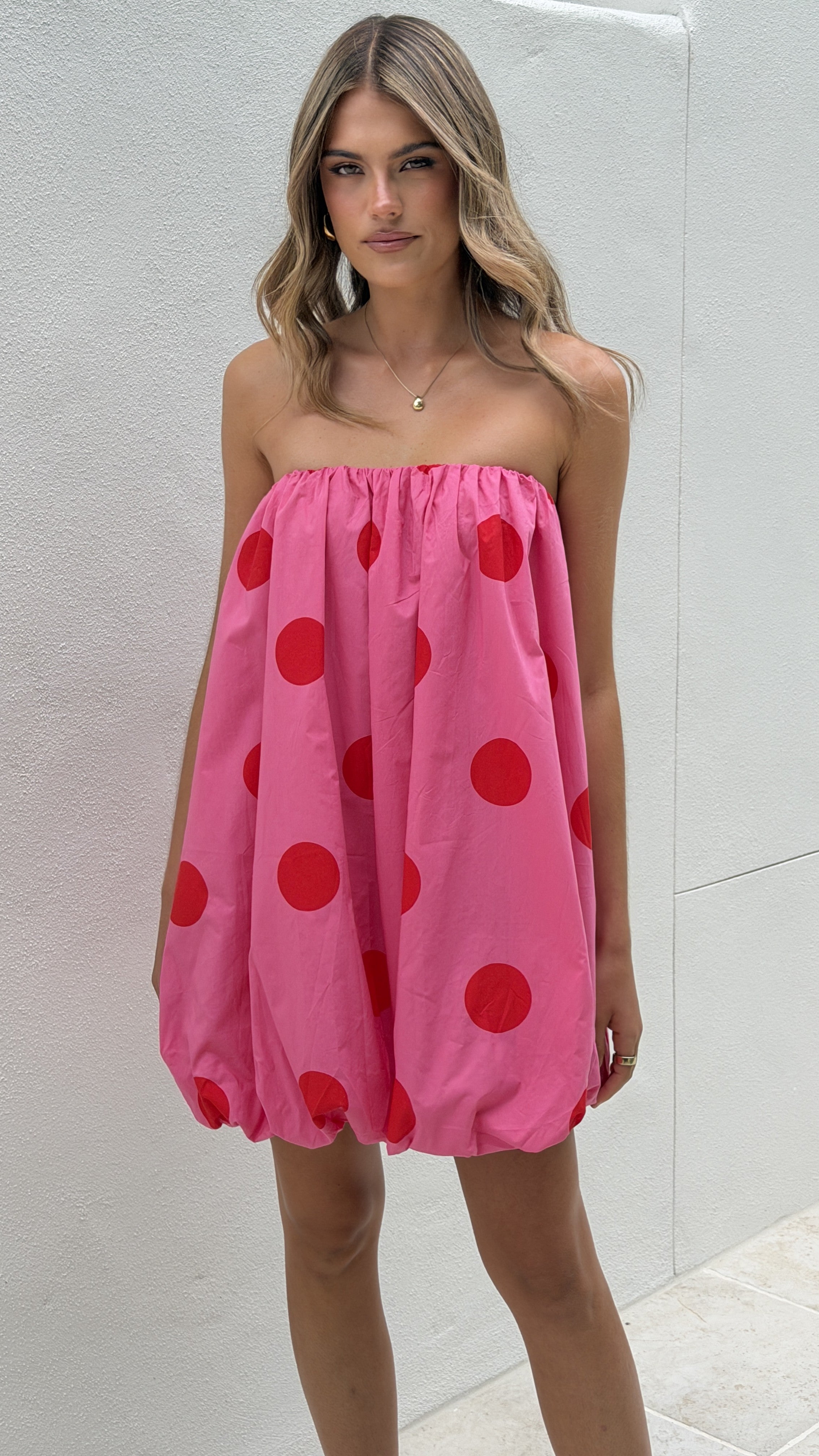 Everly Strapless Mini Dress - Pink/Red Polka - Billy J