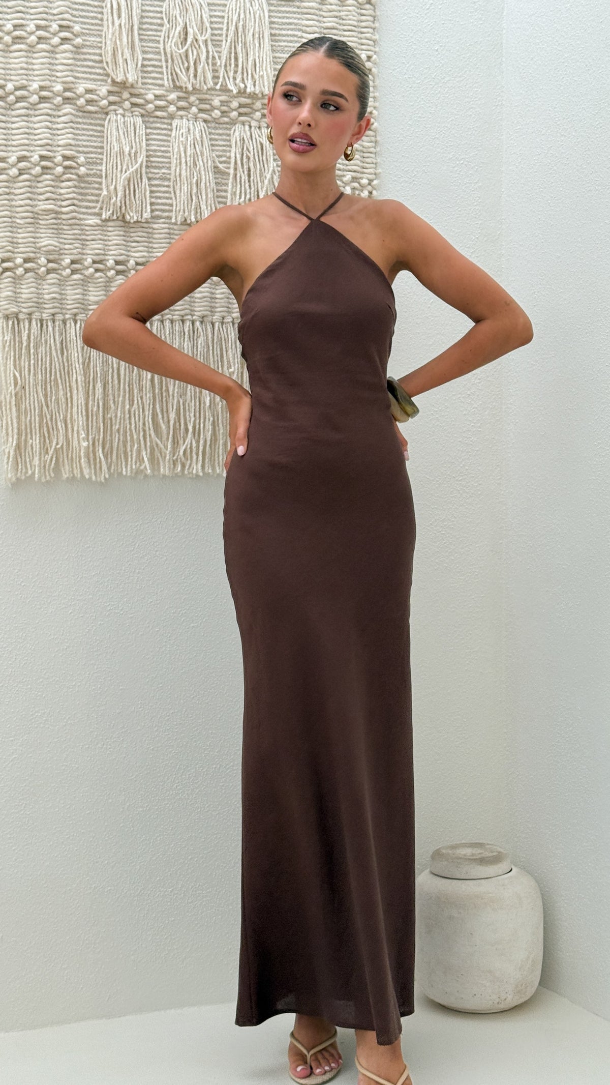 Chiara Linen Maxi Dress - Chocolate - Billy J