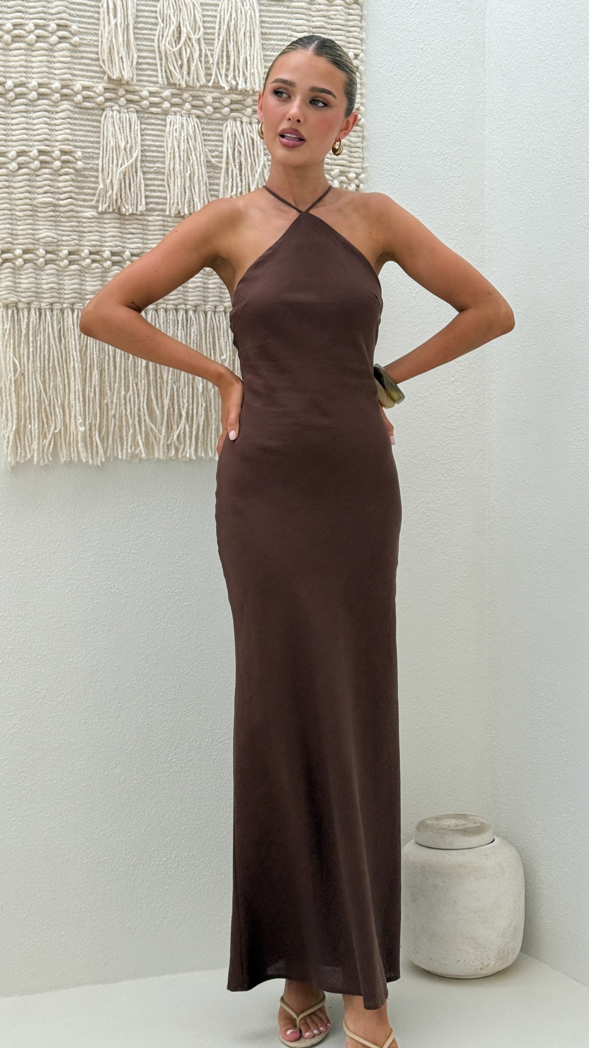 Chiara Linen Maxi Dress - Chocolate - Billy J