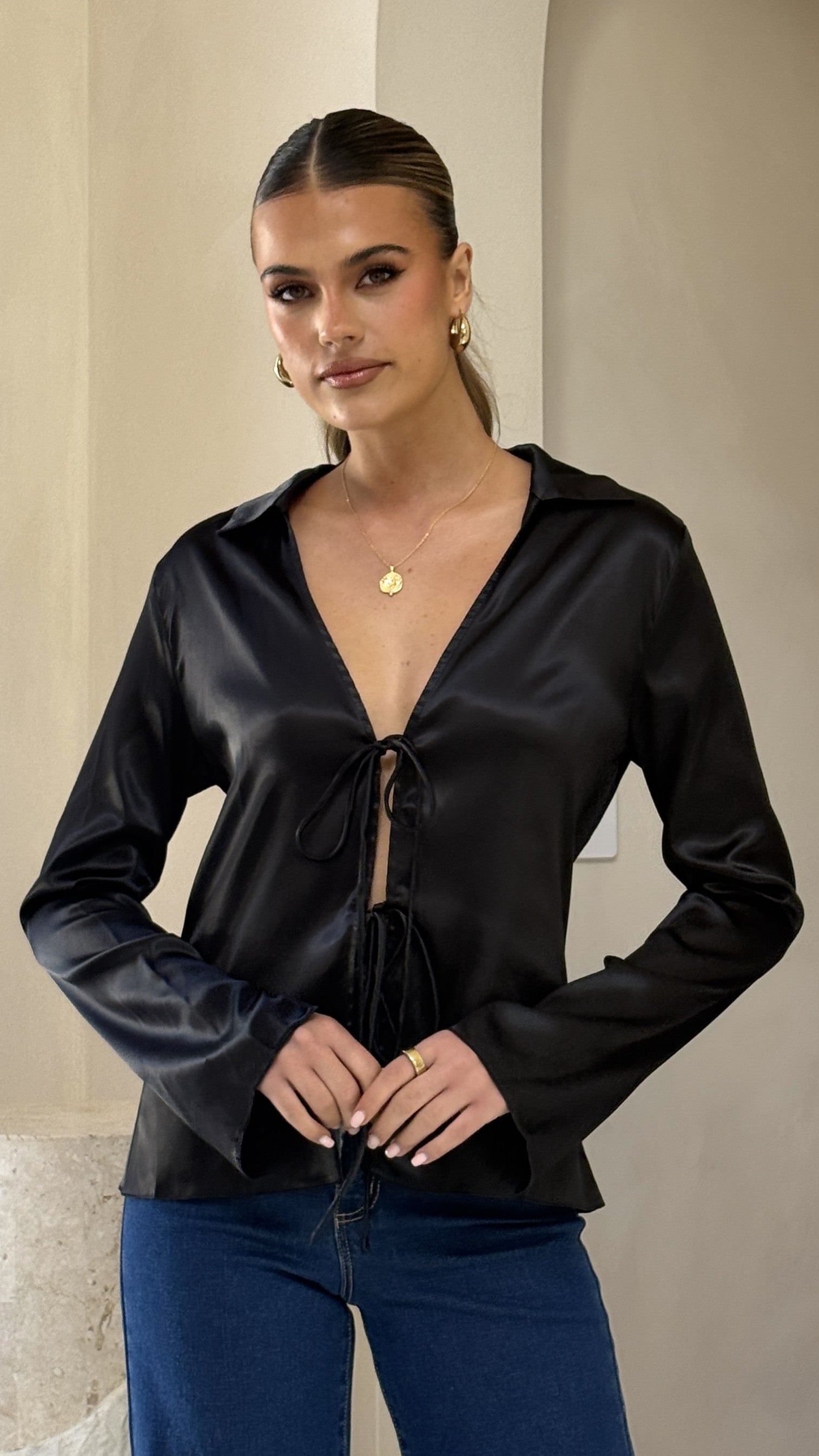 Darielle Tie Front Long Sleeve Top - Black - Billy J