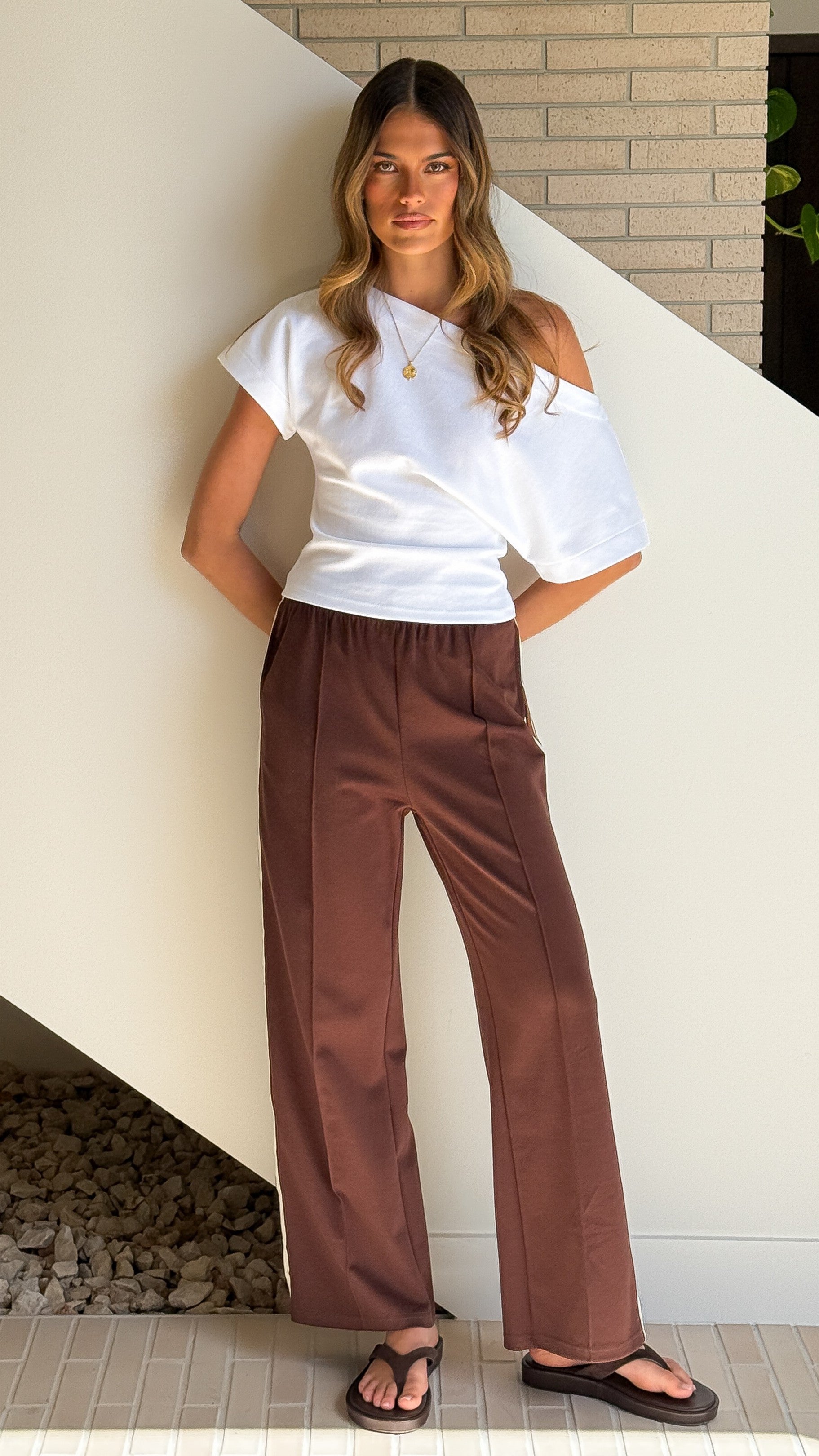Isaiah Racer Stripe Pleated Trackpants - Chocolate/Cream - Billy J