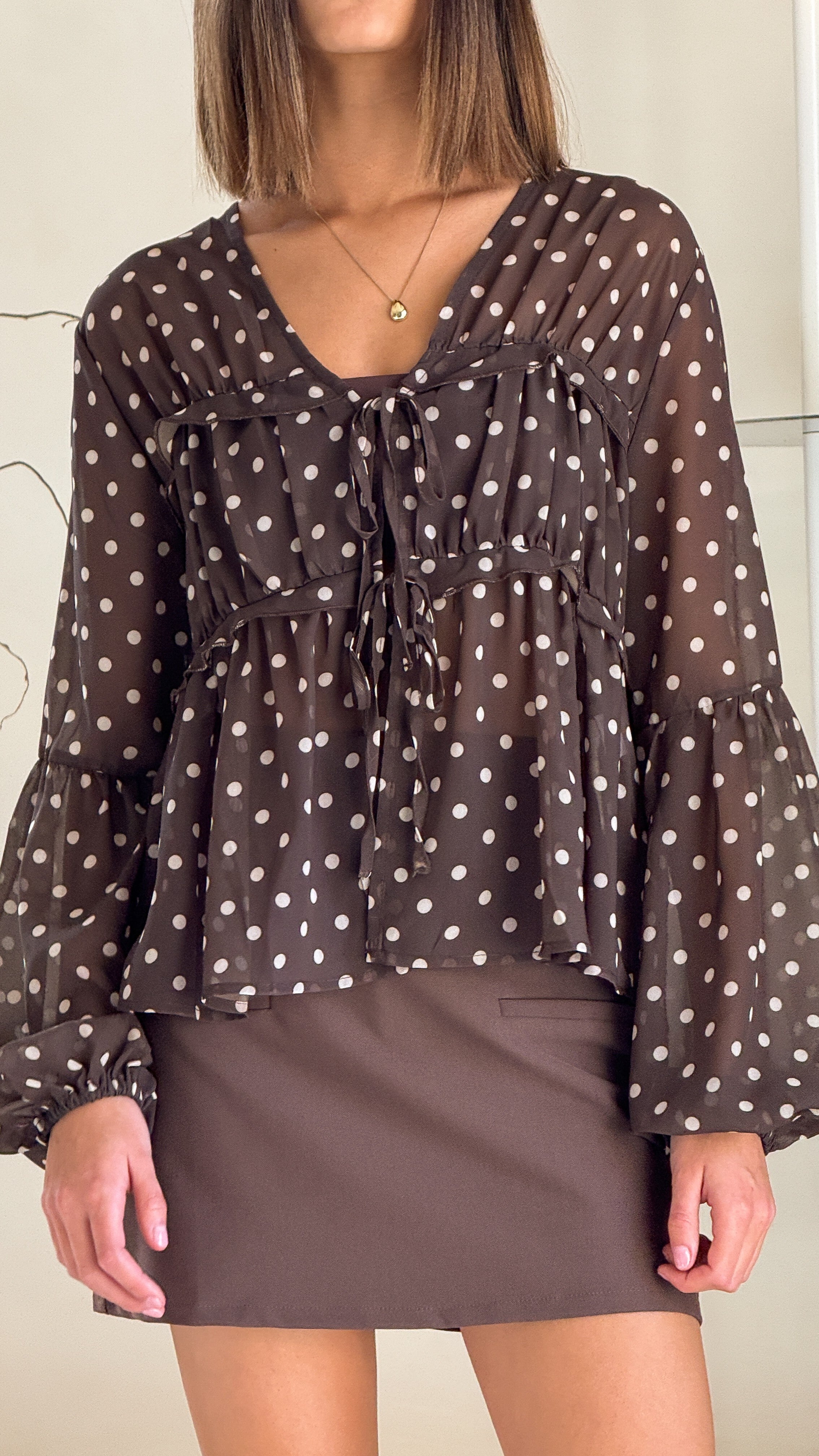 Elke Tie Blouse - Chocolate/White Polka Dot - Billy J