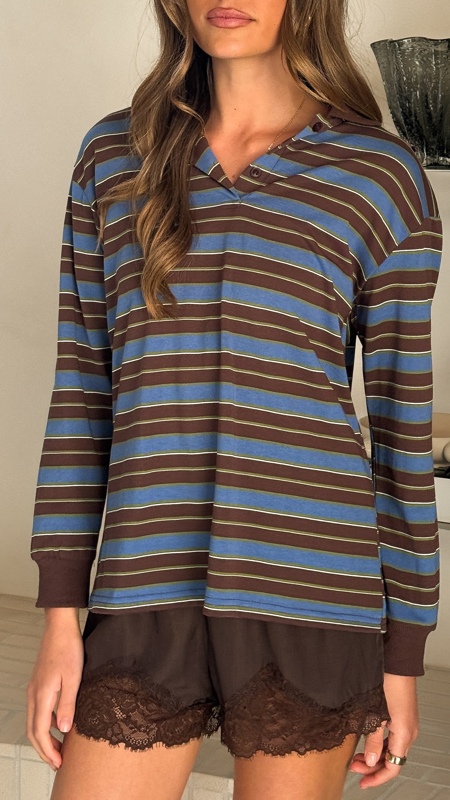 Jayana Collared Jersey Top - Blue/Green/Choc Stripe - Billy J