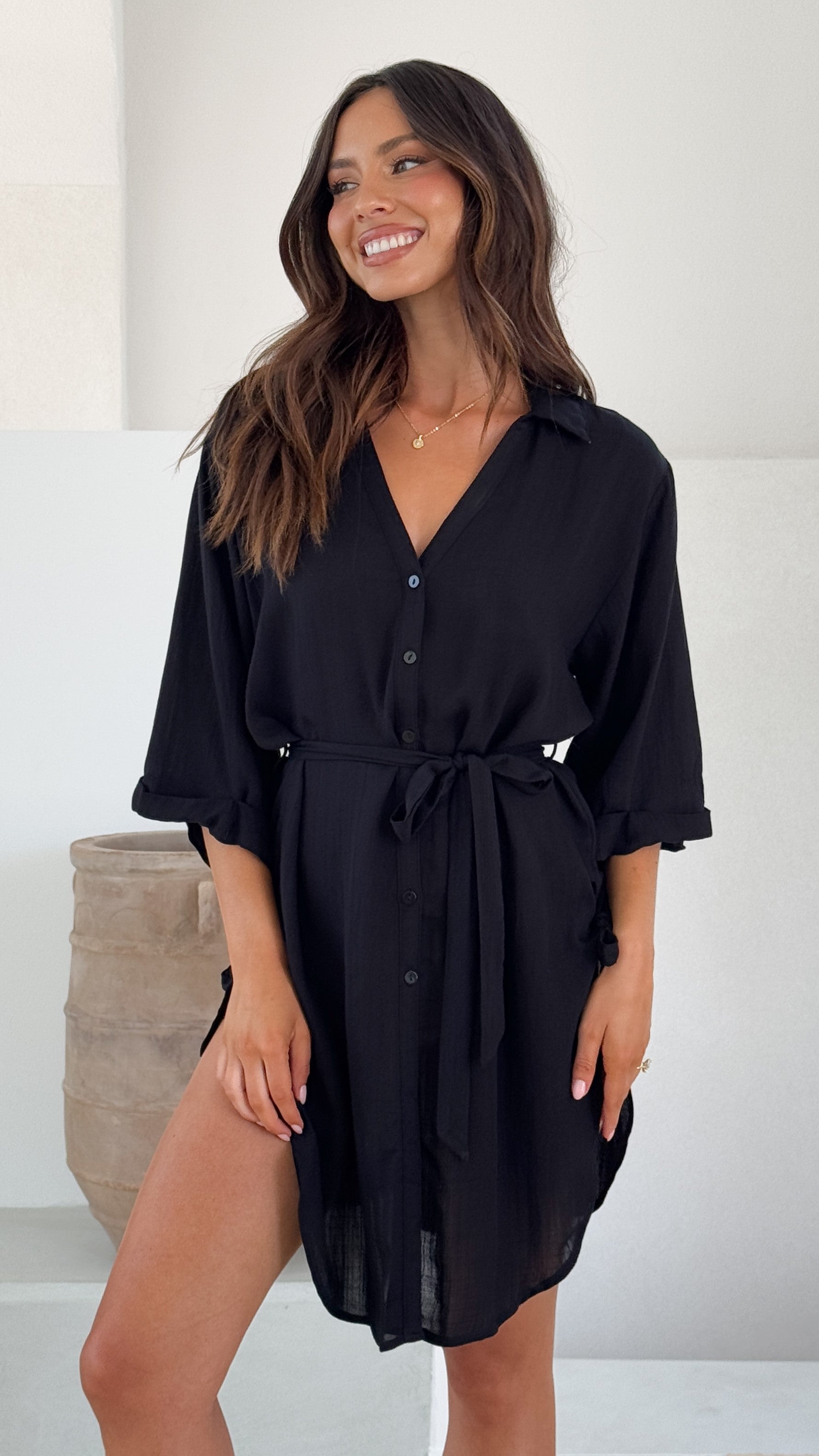 Vesper Button Down Beach Cover Up - Black - Billy J