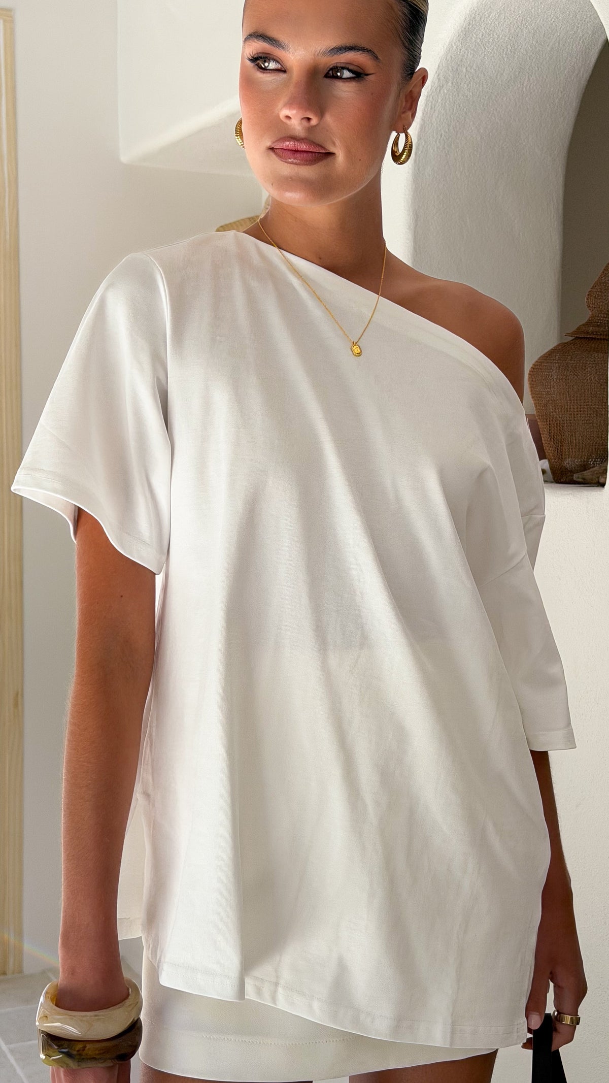 Pia One Shoulder Oversize Tee - White - Billy J