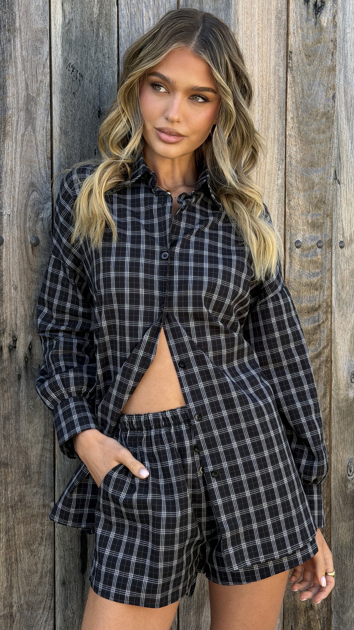 Kye Long Sleeve Top and Shorts Set - Black/White Plaid - Billy J