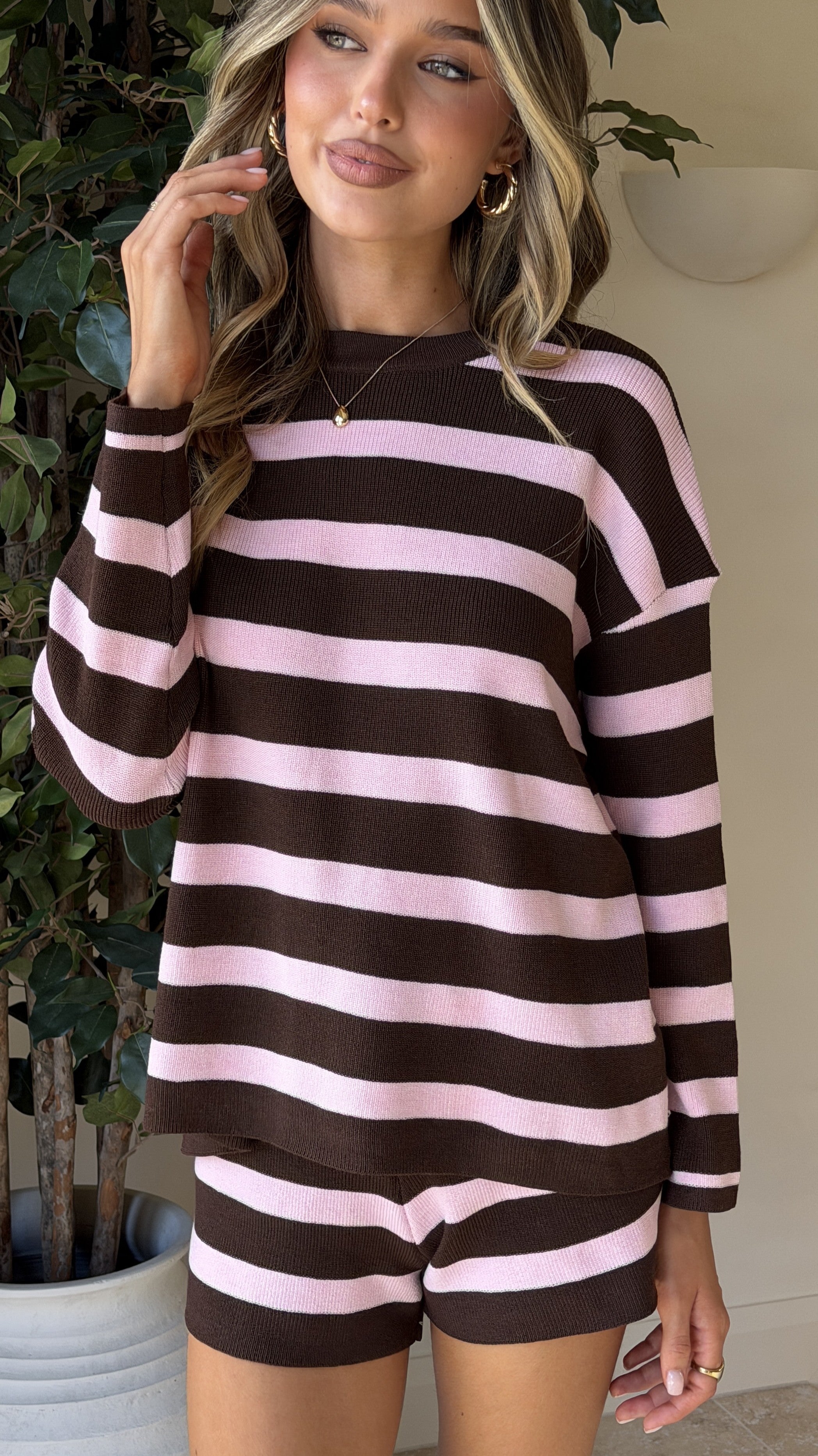 Jaeden Long Sleeve Top & Shorts Set - Pink/Chocolate Stripe - Billy J