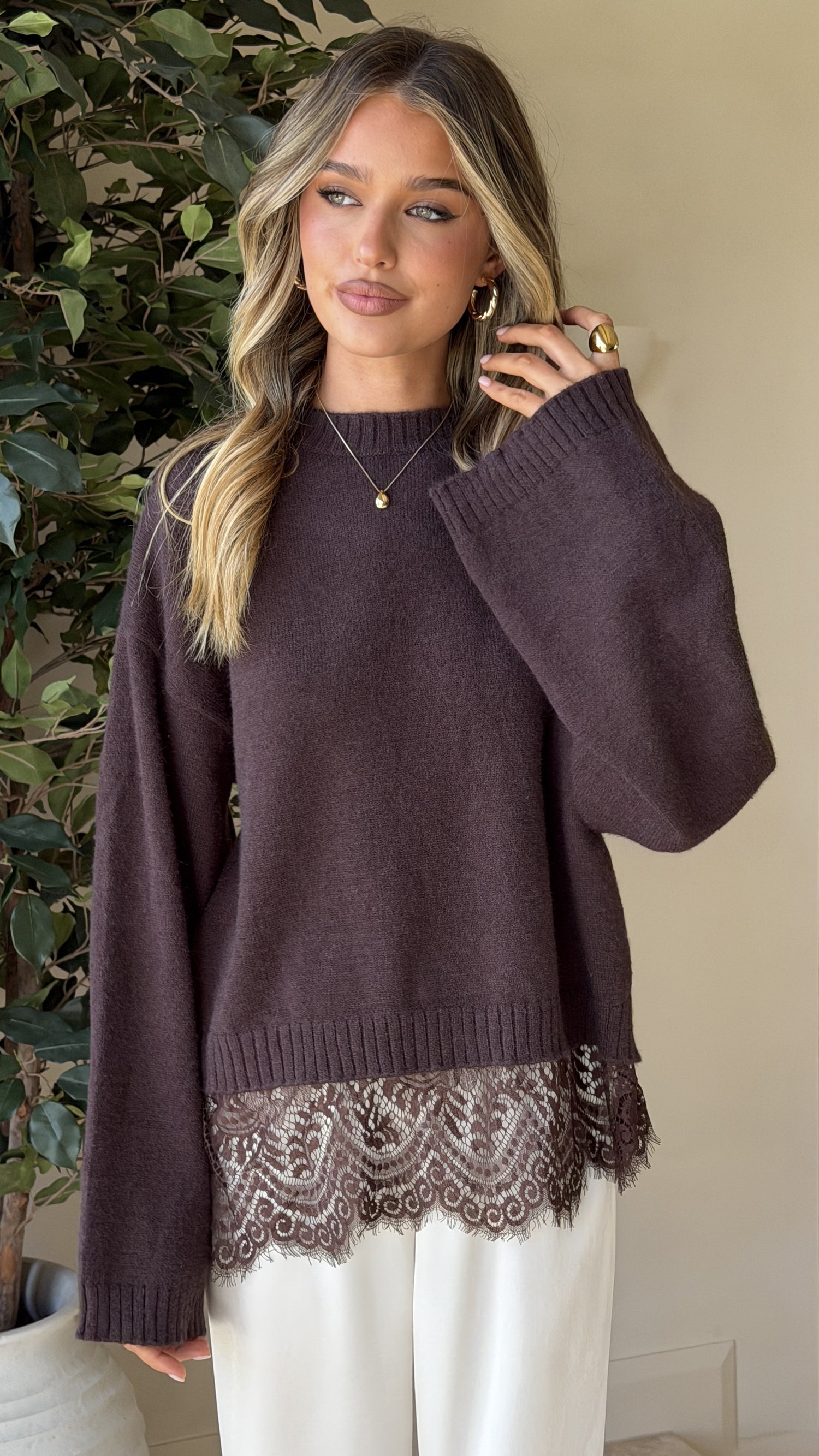 Kylan Lace Trim Sweater - Brown - Billy J