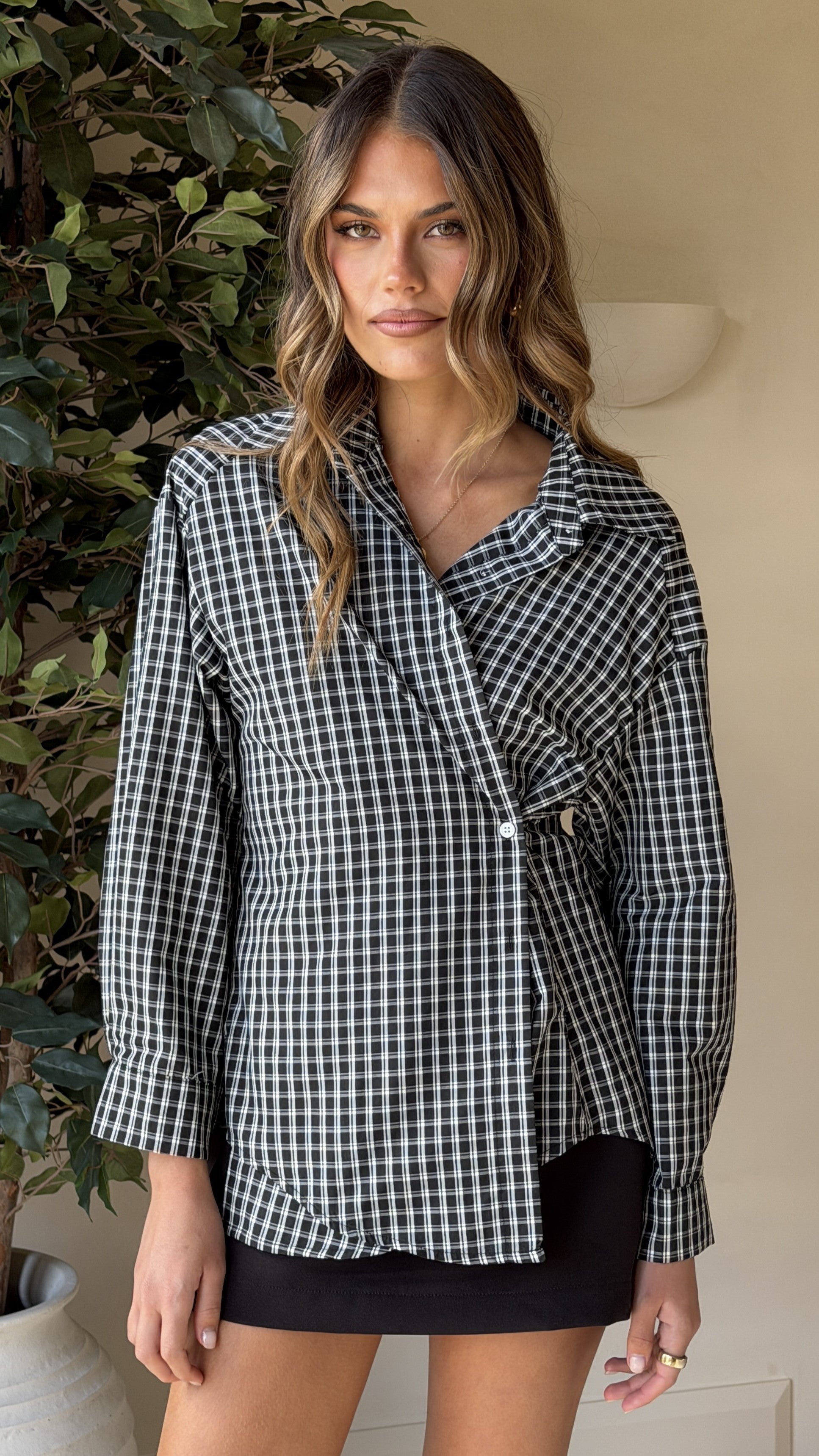 Valia Asymmetrical Button Up Shirt - Black/White Plaid - Billy J