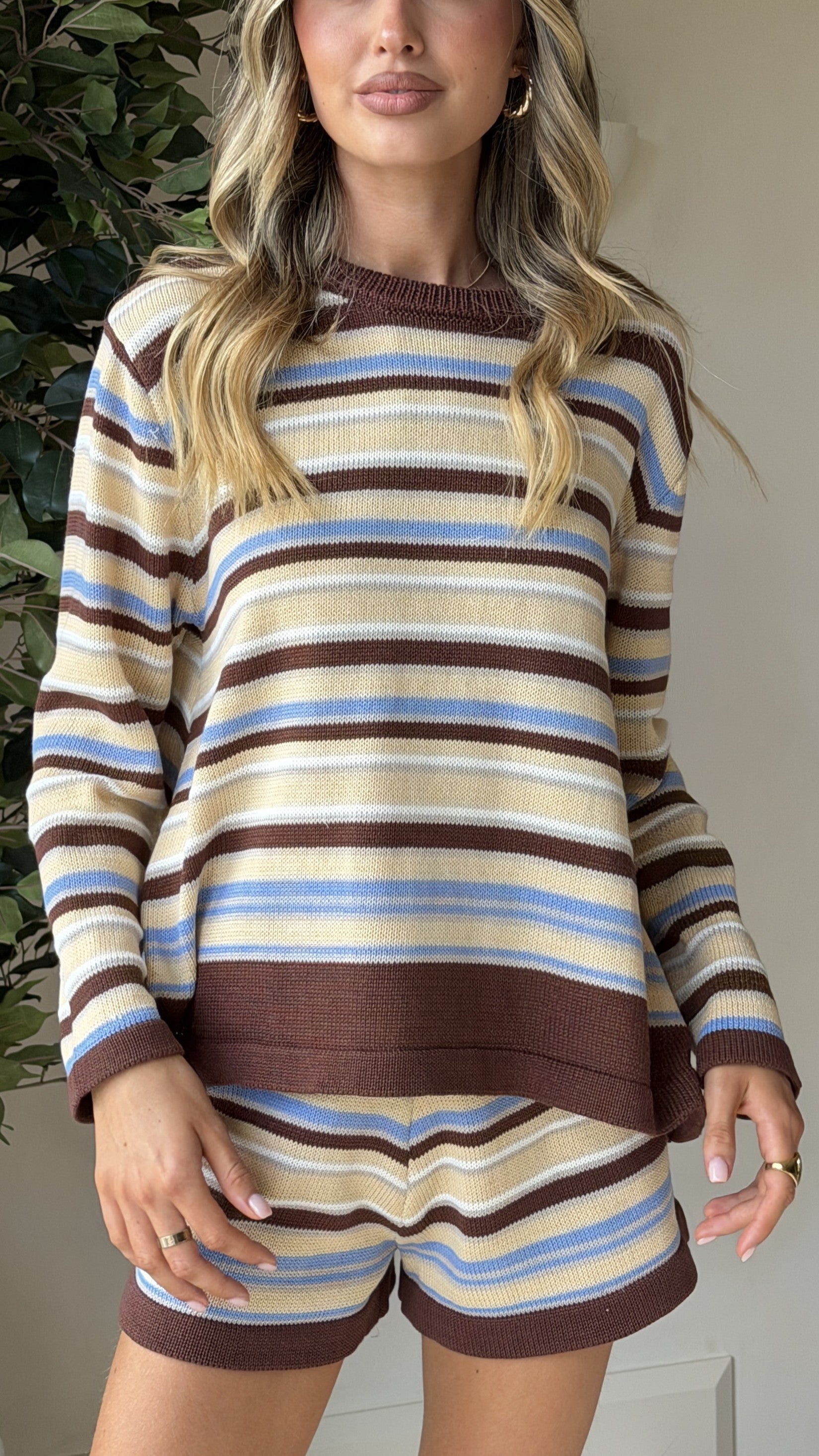 Bailey Knit Top and Shorts Set - Beige/Chocolate - Billy J