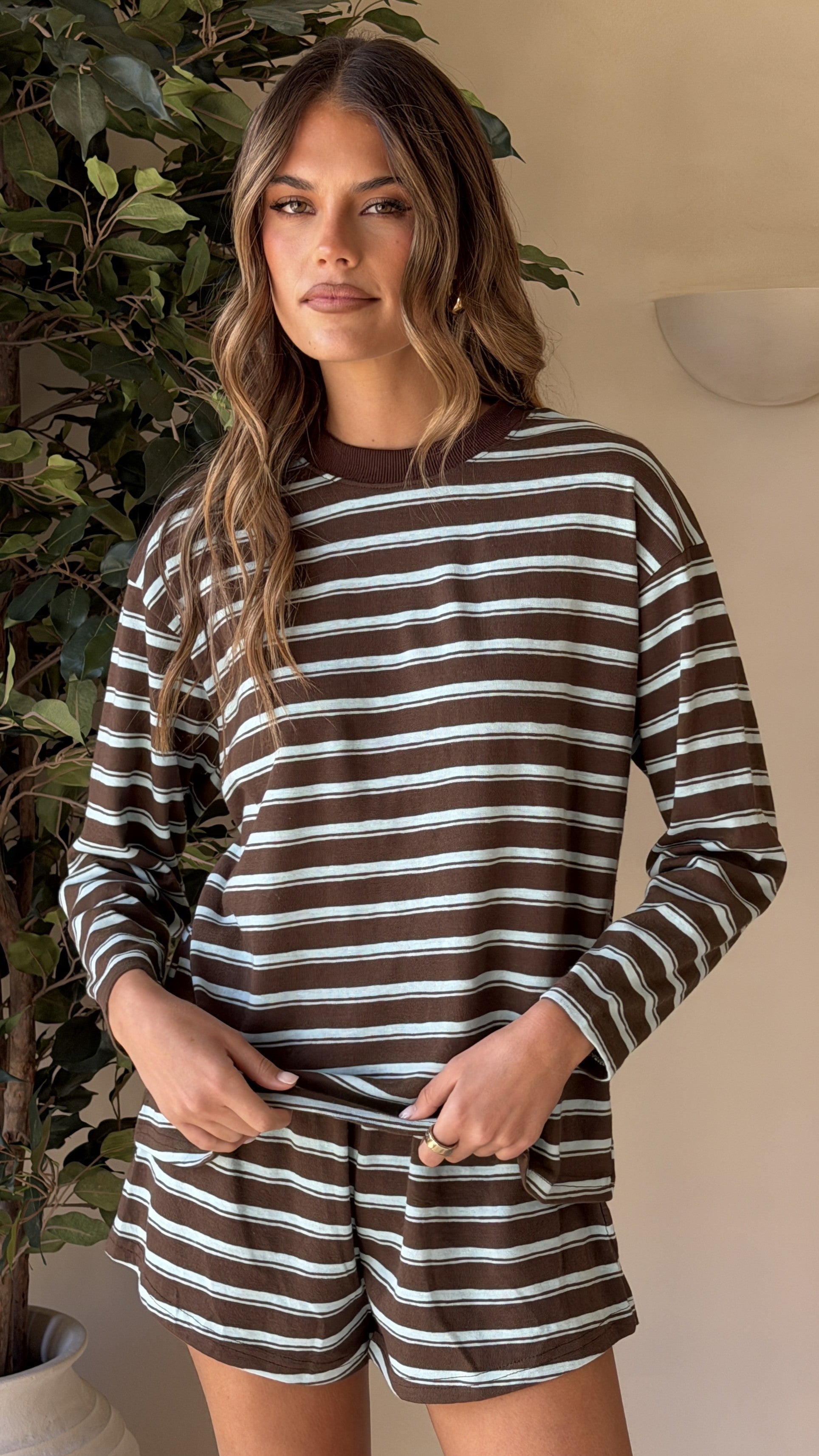 Harla Long Sleeve Top & Shorts Set - Brown/Blue Stripe - Billy J
