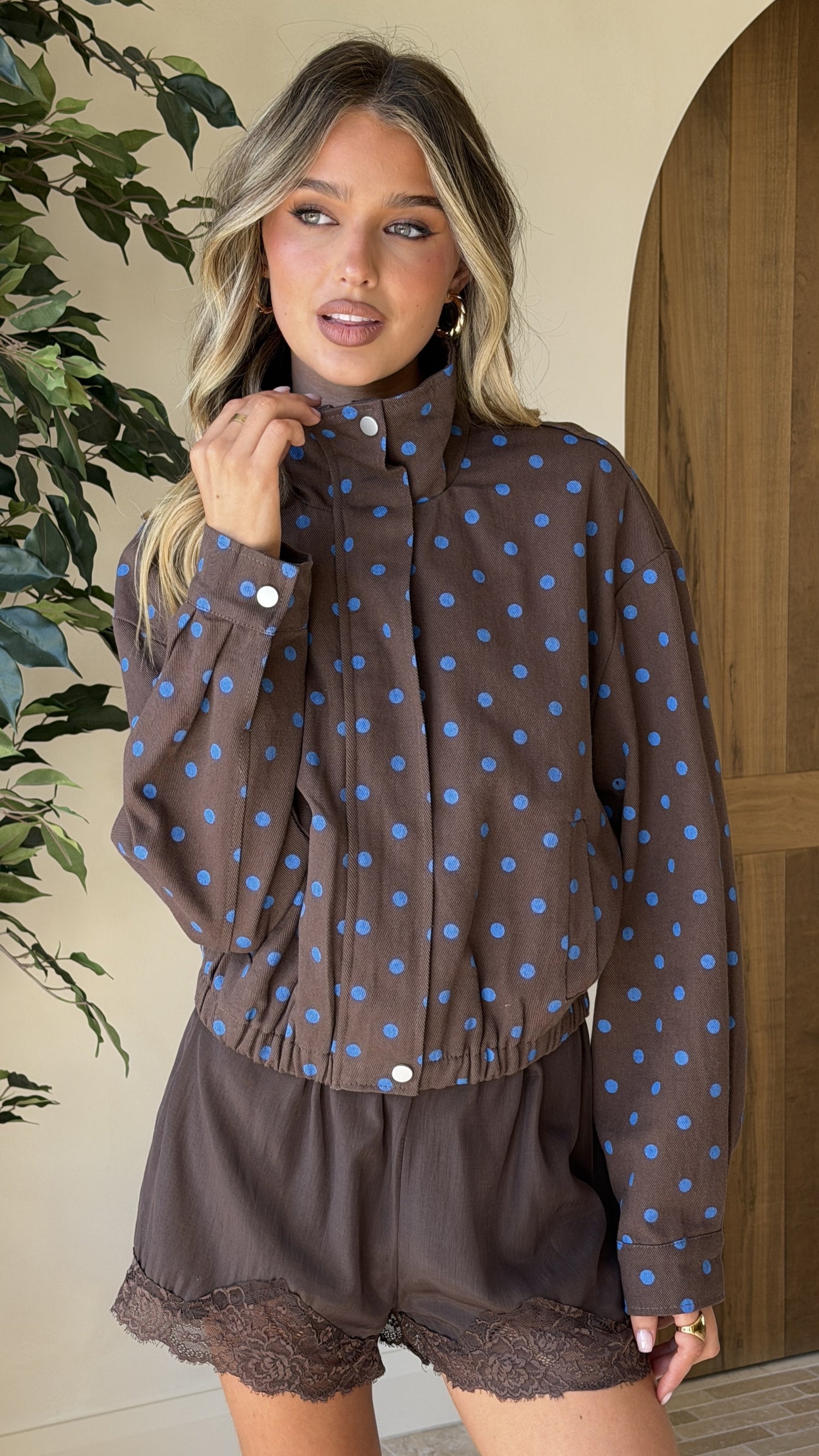 Nessie Funnel Neck Jacket - Chocolate/Blue Polka - Billy J