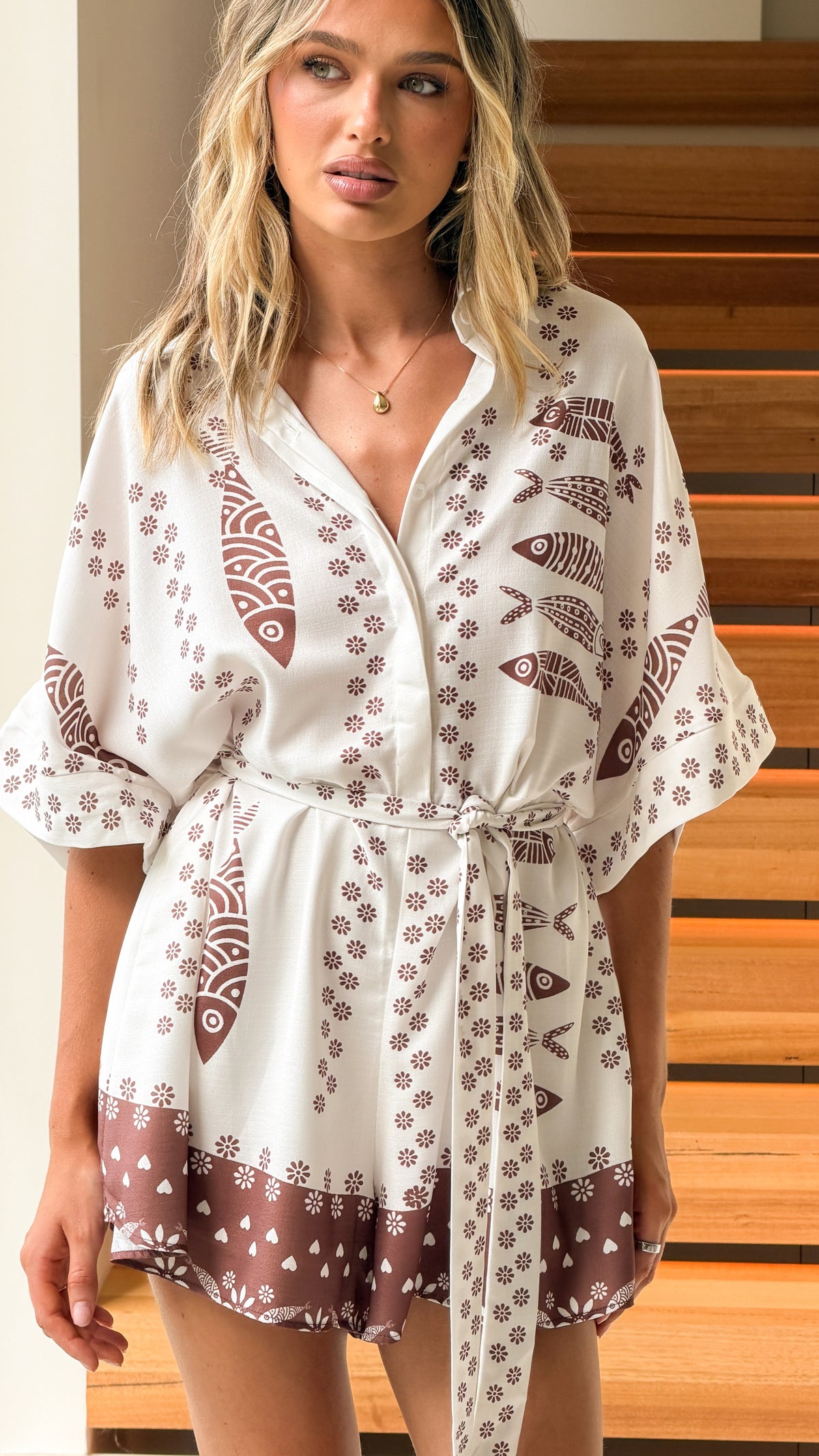Carmen Playsuit - White/Brown Print - Billy J