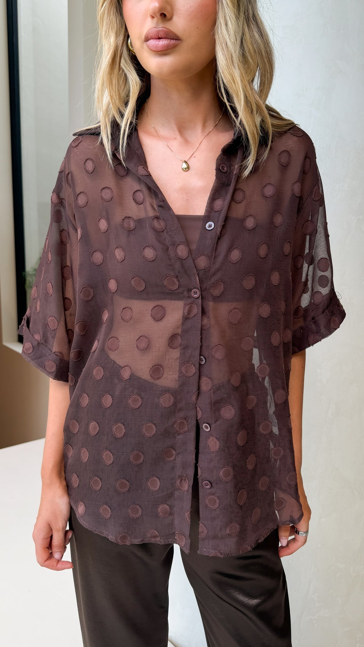 Katherine Semi Sheer Button Up Shirt - Chocolate Spot - Billy J