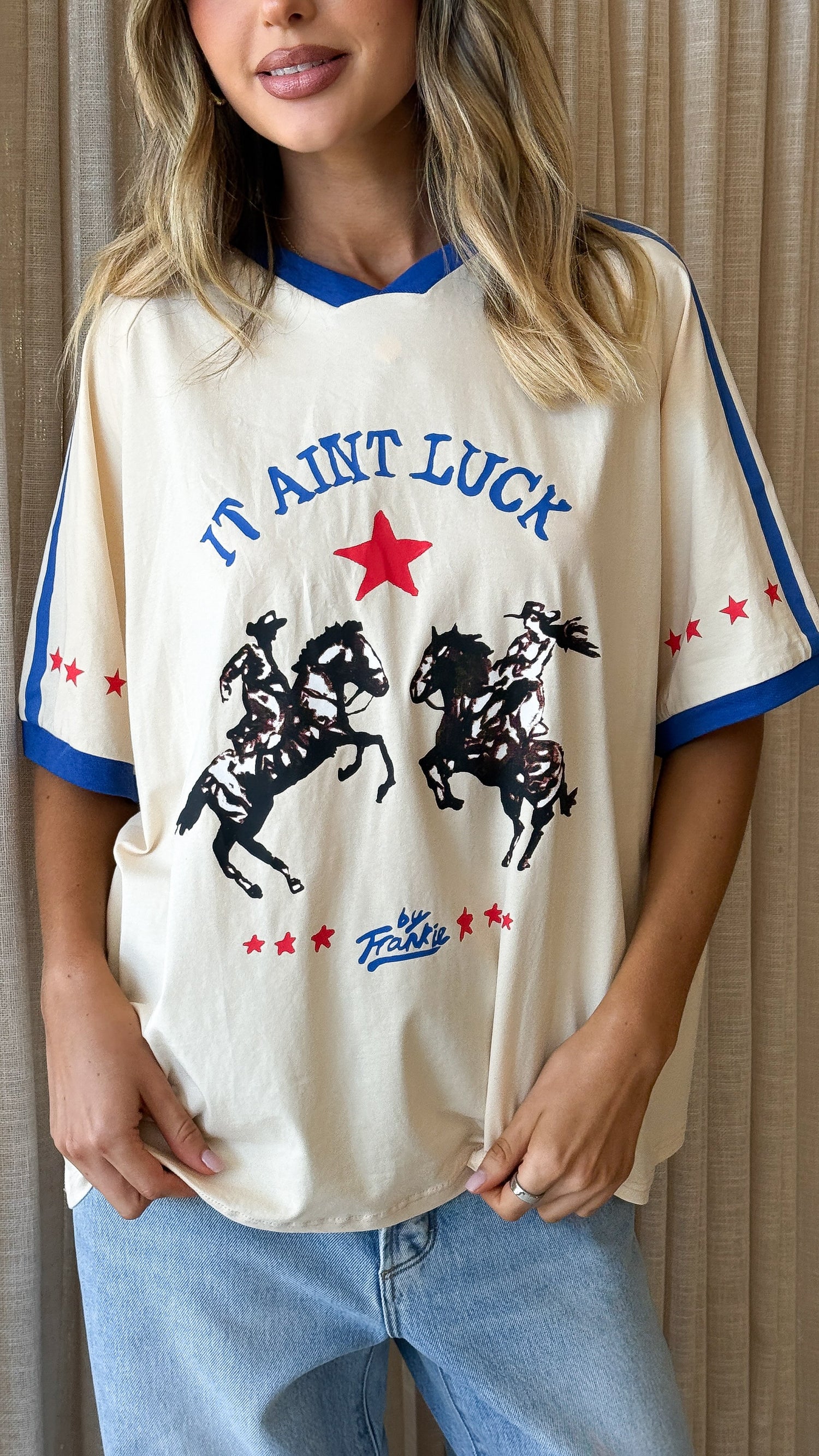 It Aint Luck Oversized T-Shirt - Beige/Blue - Billy J