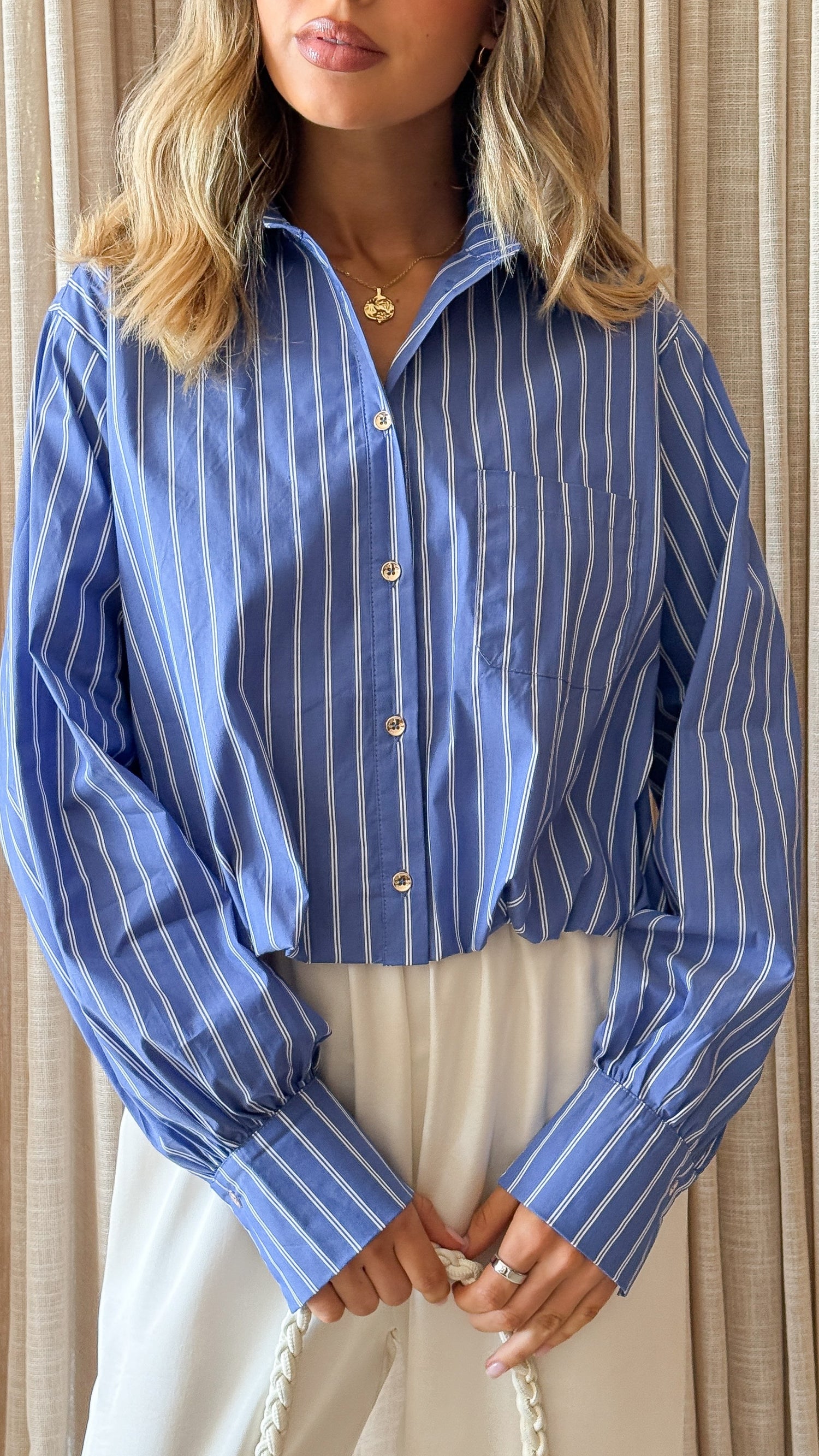 Rita Cropped Shirt - Blue/White Stripe - Billy J