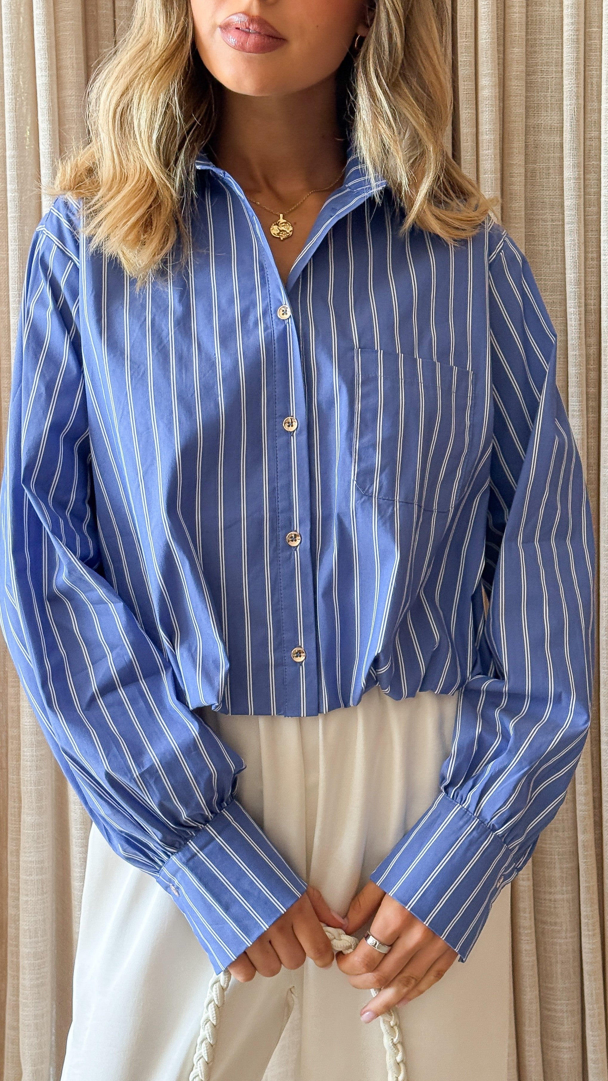 Rita Cropped Shirt - Blue/White Stripe - Billy J