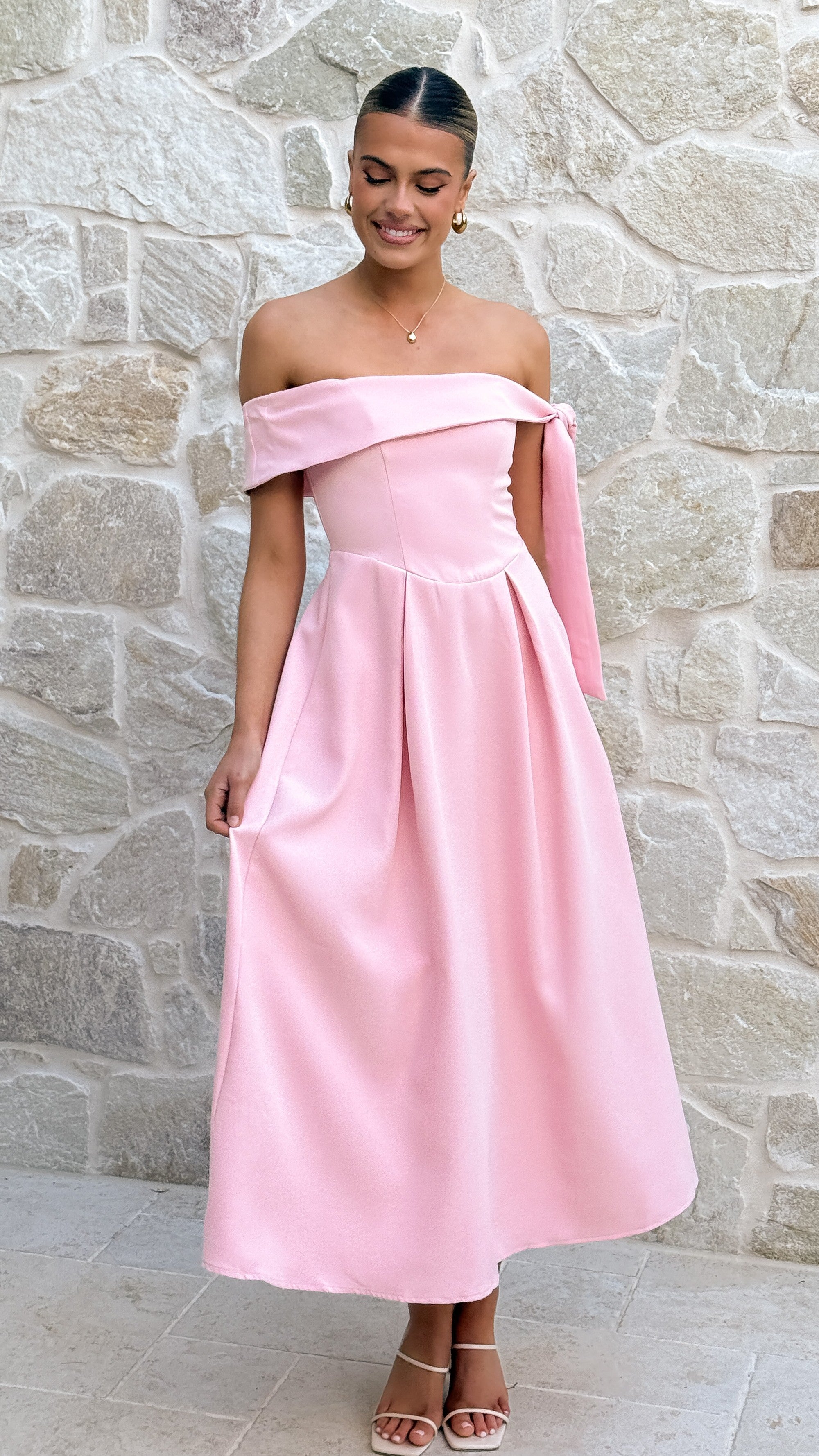 Bentley Off Shoulder Midi Dress - Pink - Billy J