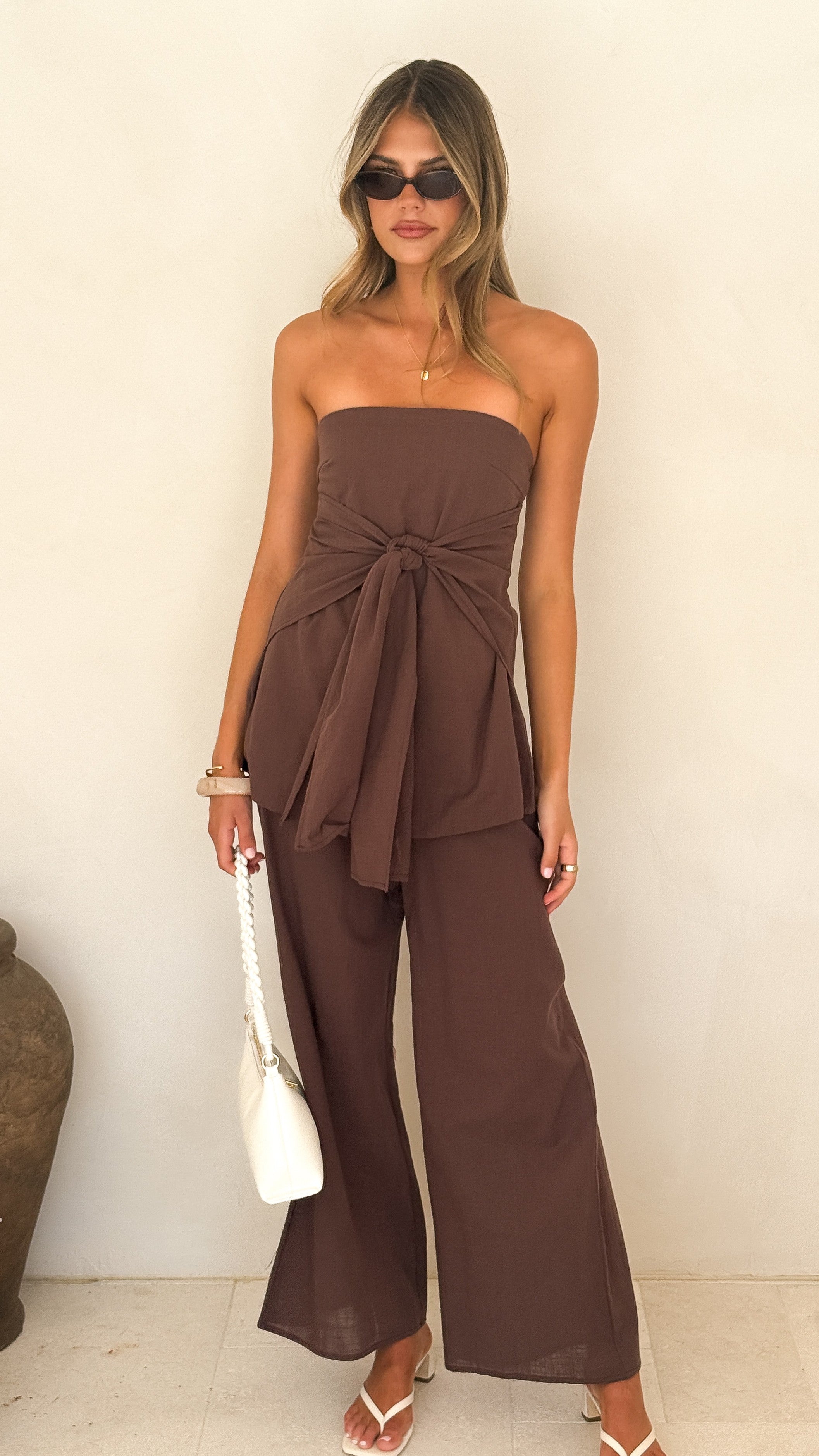 Talia Strapless Top and Pants Set - Brown - Billy J