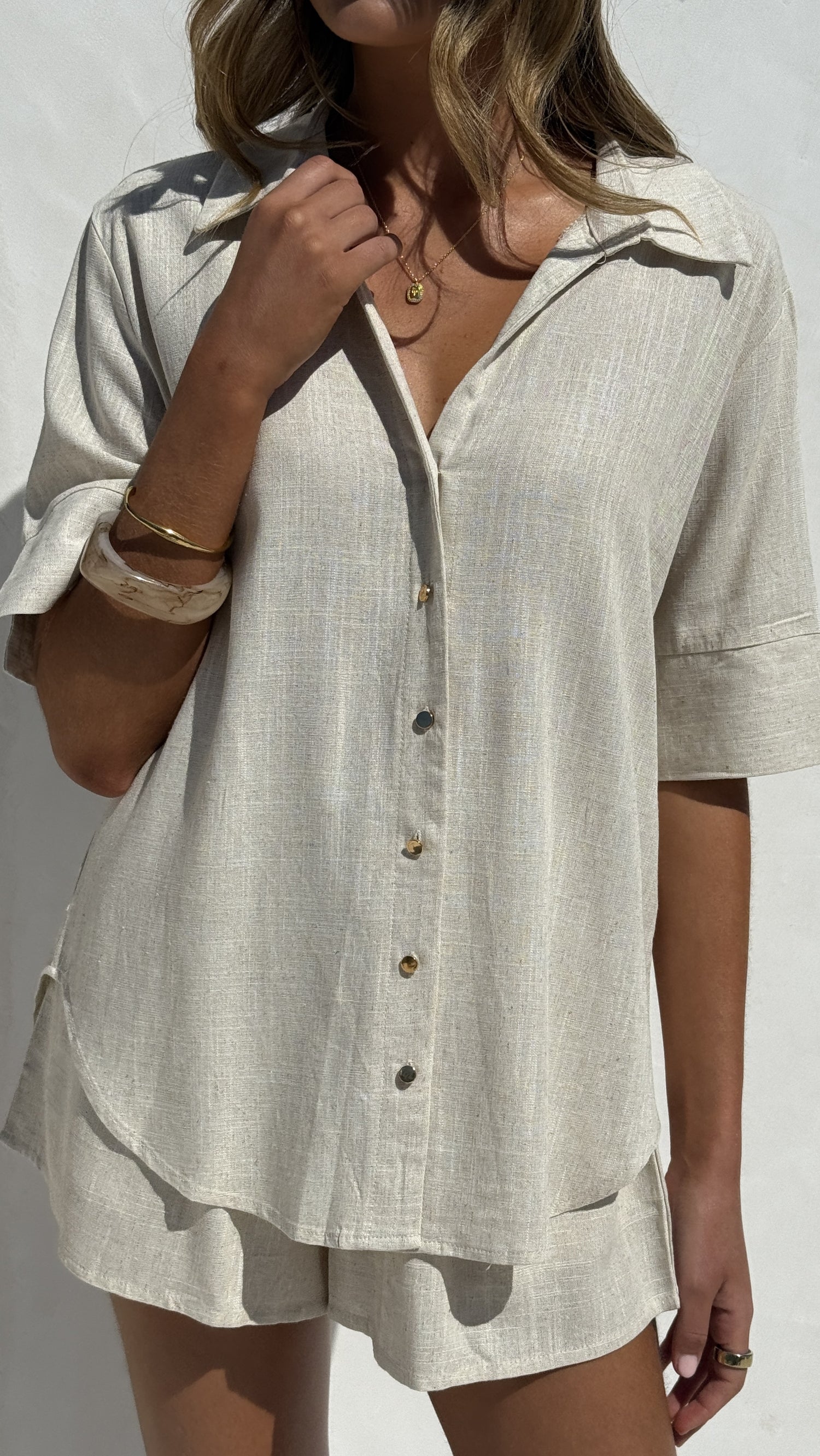 Ranae Button Up Shirt and Shorts Set - Oatmeal - Billy J