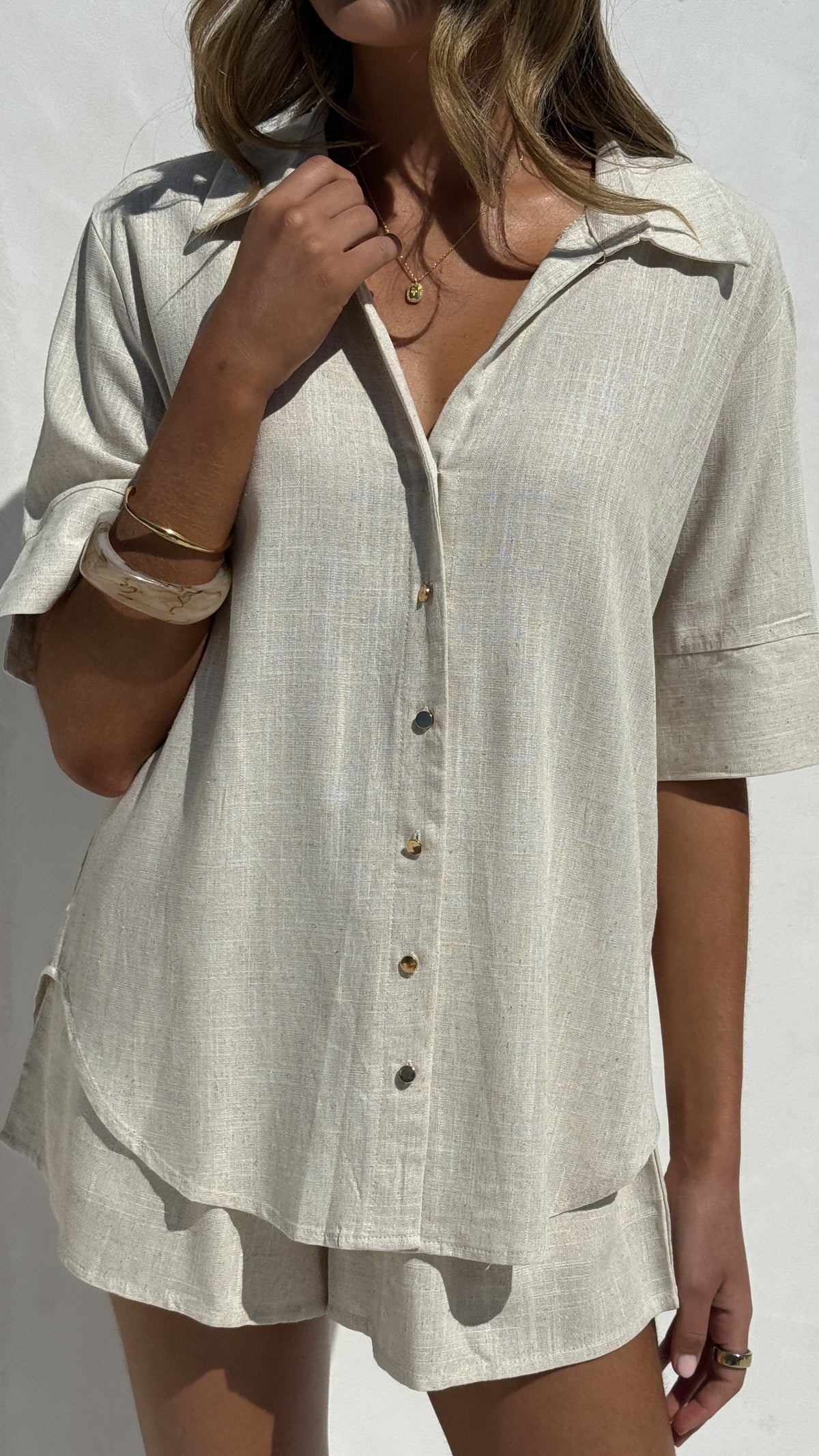 Ranae Button Up Shirt and Shorts Set - Oatmeal - Billy J