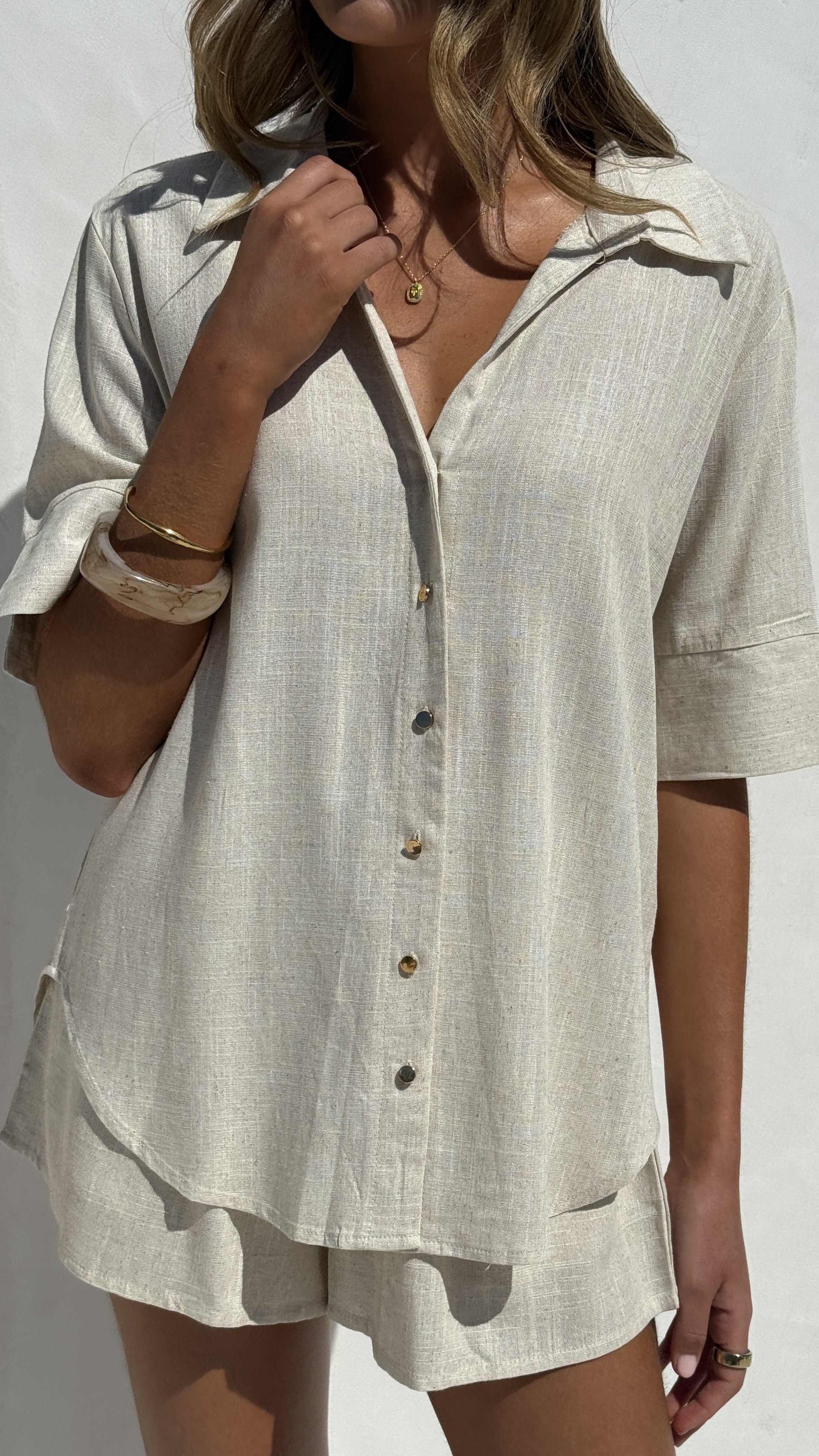 Ranae Button Up Shirt and Shorts Set - Oatmeal - Billy J