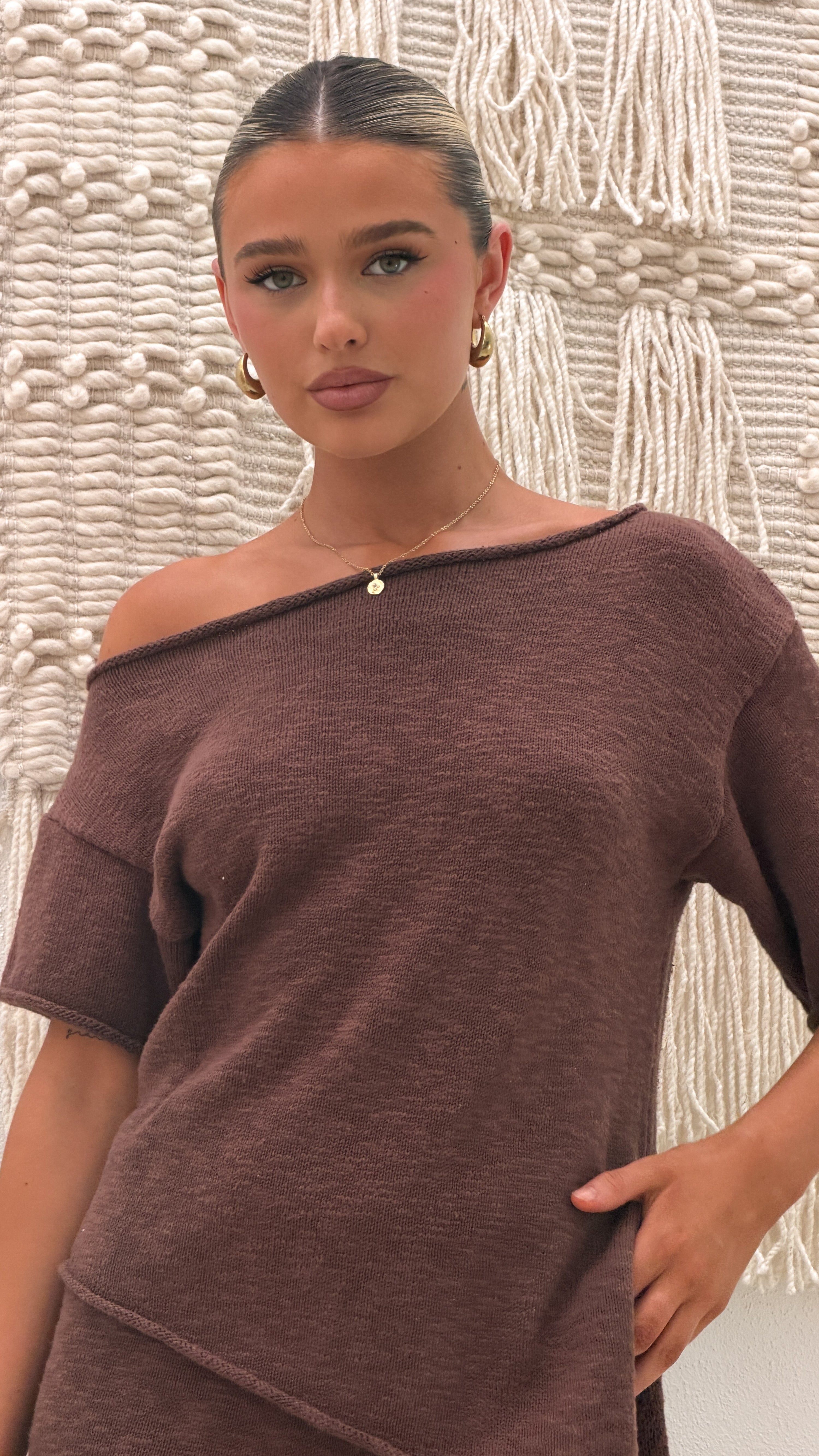 Cascadia Off Shoulder T-Shirt - Chocolate - Billy J